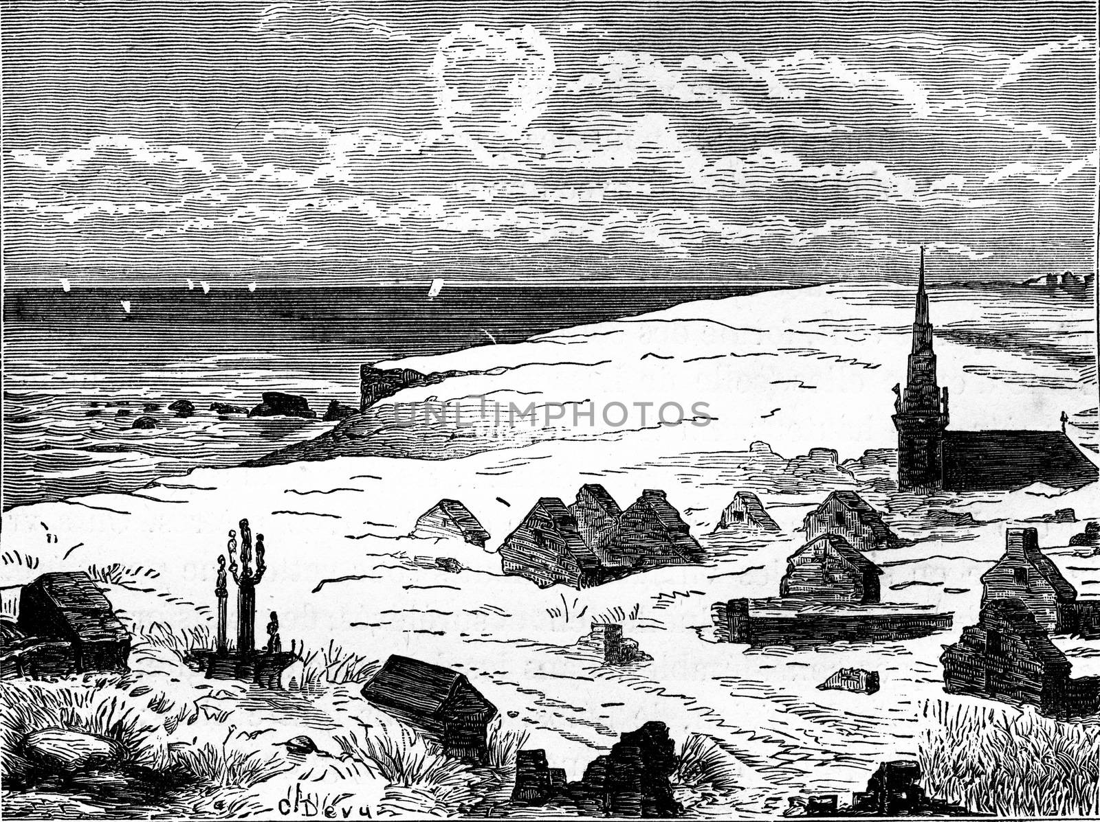 Village buried under the dunes, vintage engraving. by Morphart