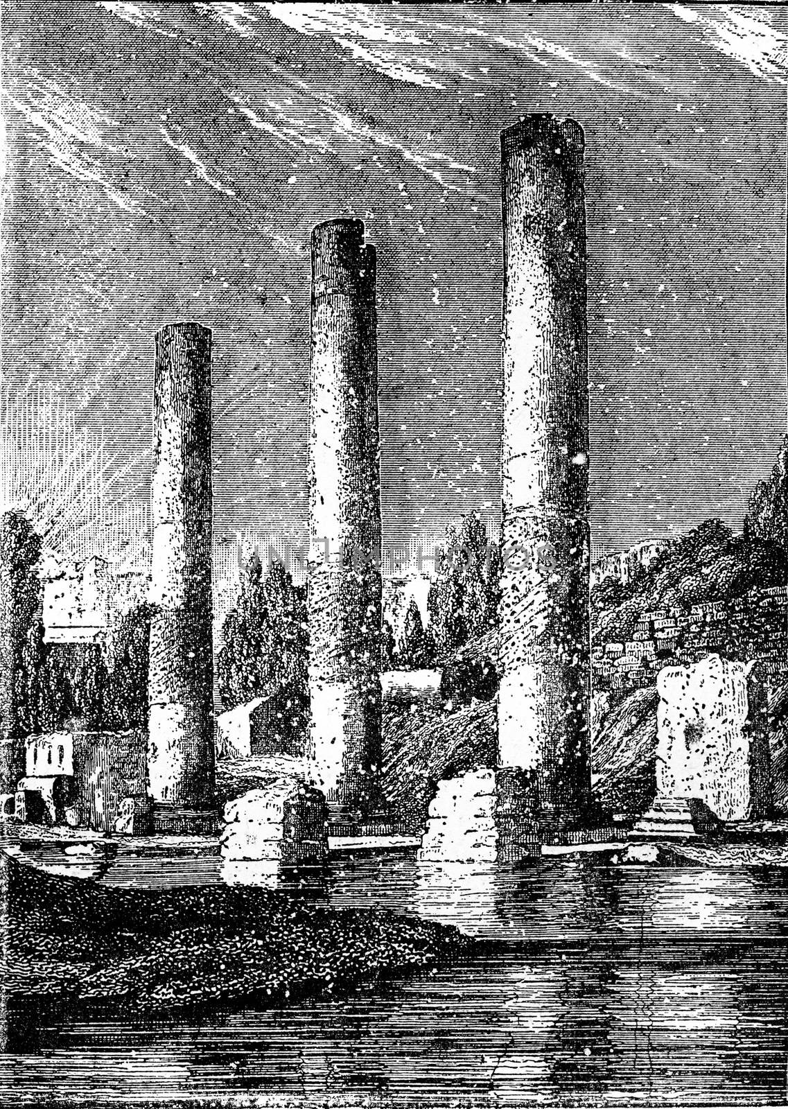 The Temple of Serapis at Pozzuoli, vintage engraving. by Morphart