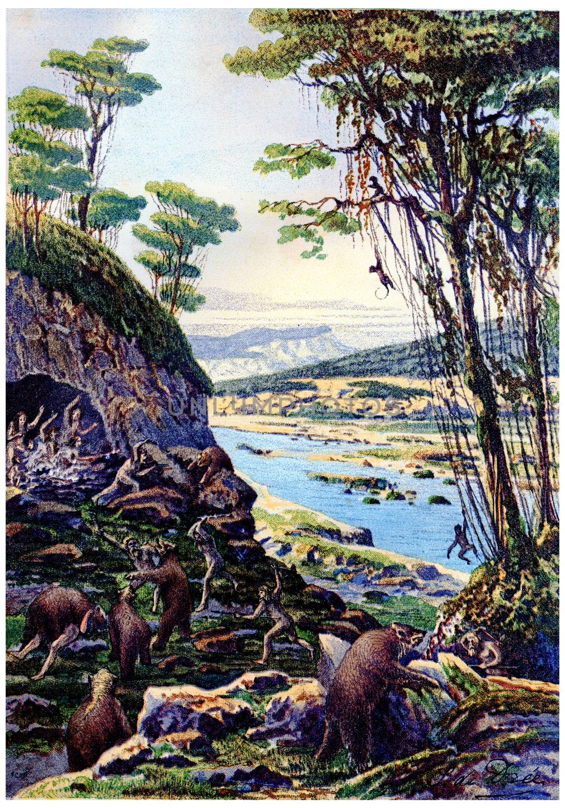 The first age of humanity, Period of the cave bear, vintage engraved illustration. Earth before man – 1886.