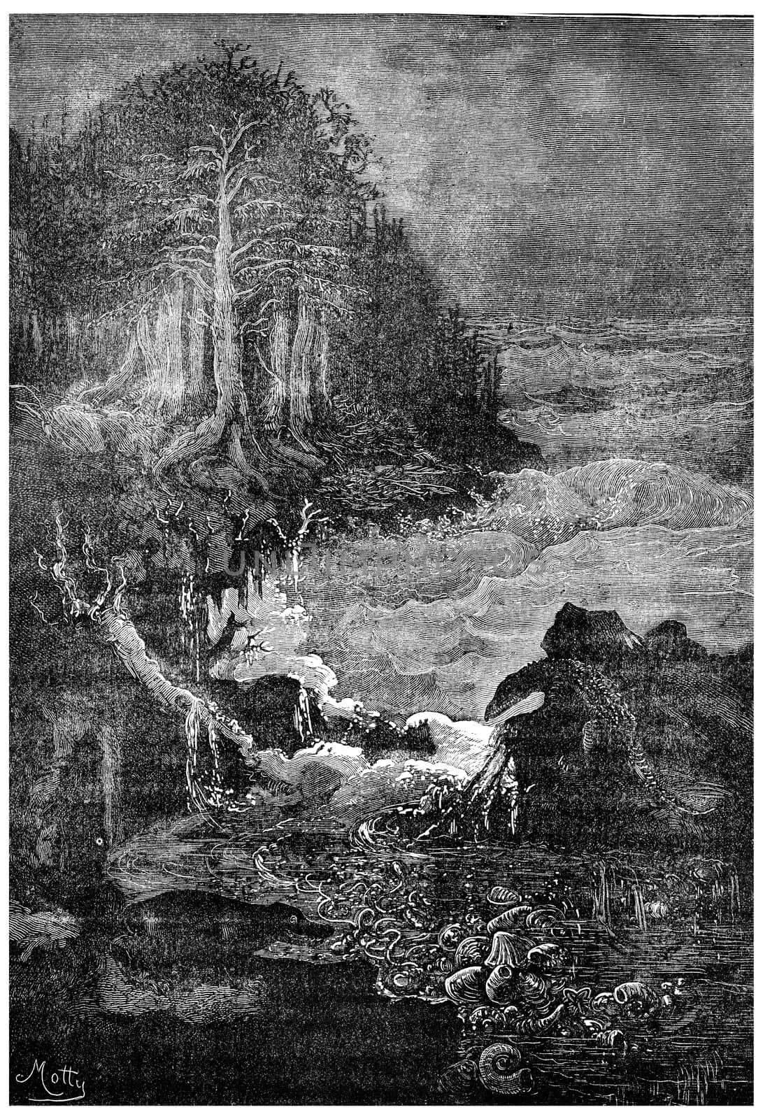 Scene of the Triassic era (period conchylienne), Chirotherium and nothosaur, vintage engraved illustration. Earth before man – 1886.