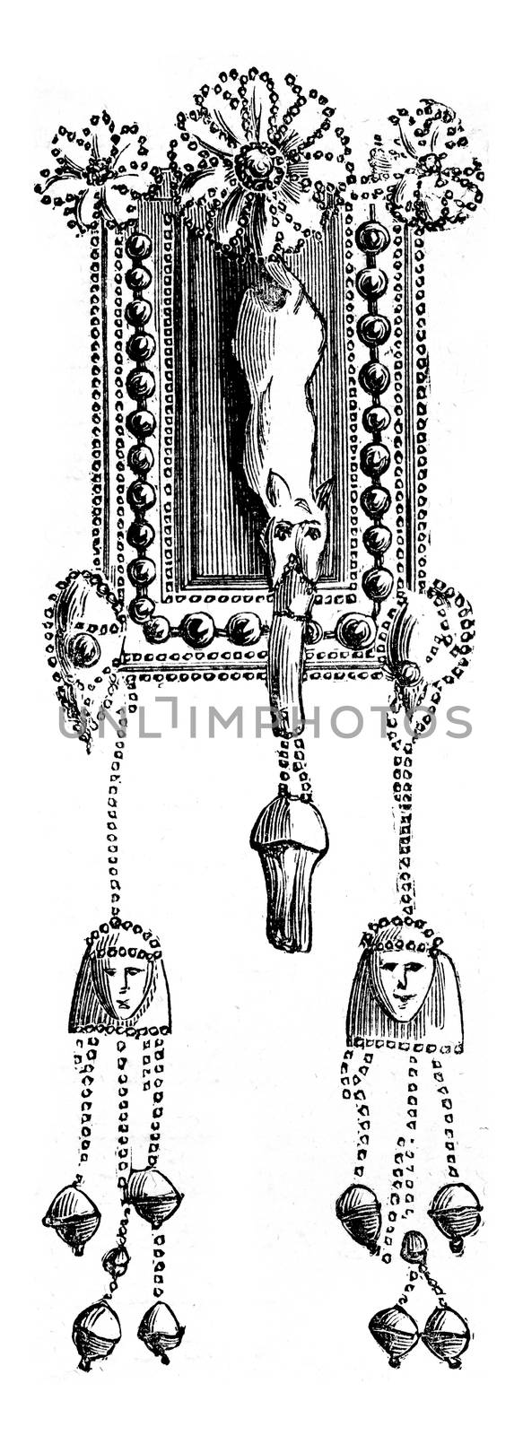 Ancient Phoenician earrings believed to be Egyptian in artistic origin, probably traded through Kameiros, Rhodes in Greece, preserved at the Louvre Museum. From Fine Arts Book, vintage engraving, 1880.

