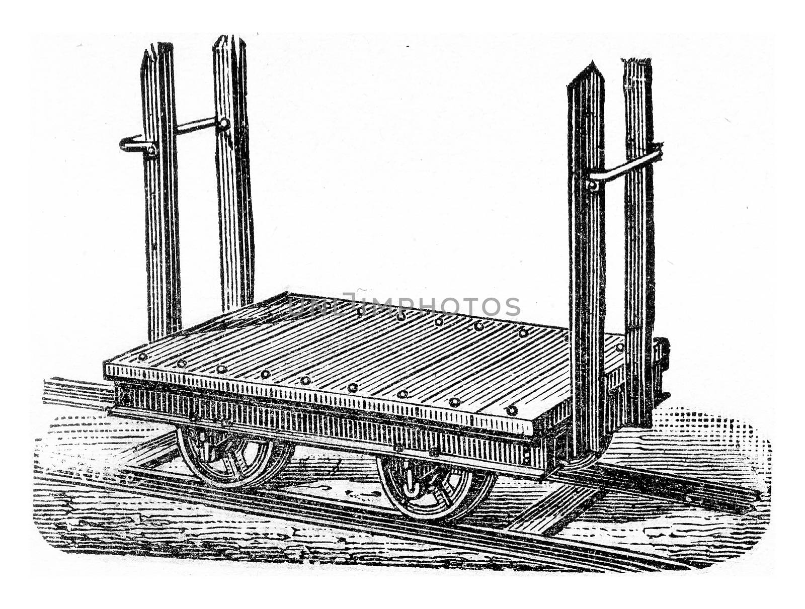 Wagon platform to transport logs, vintage engraved illustration.
