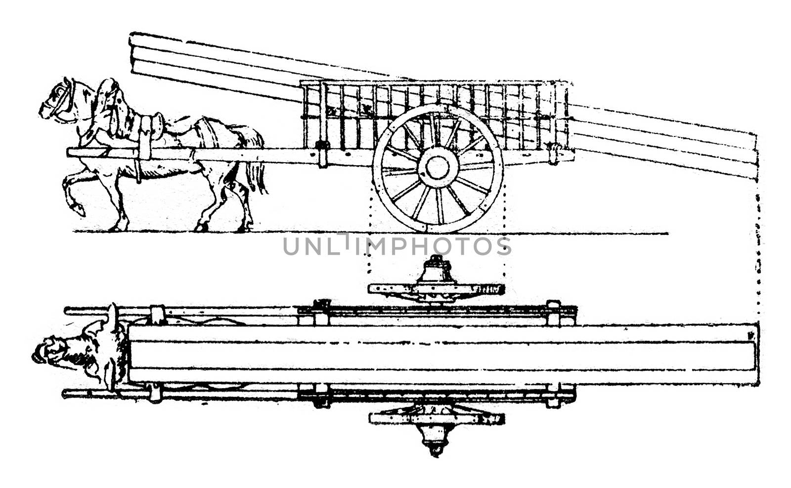 Cladding of wooden pieces on a flatbed truck, vintage engraved illustration.
