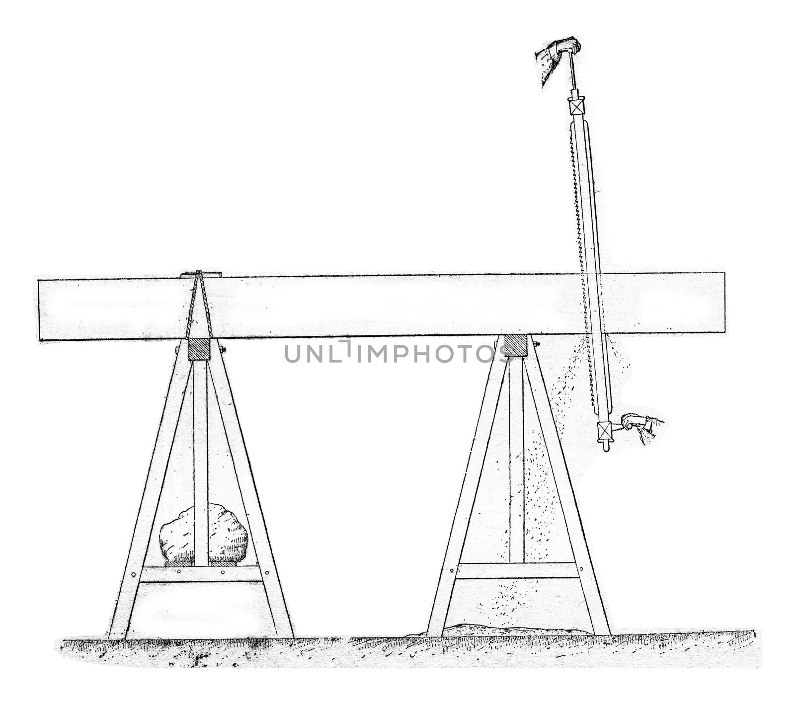 Wood flow of operation by the saw long, vintage engraved illustration.
