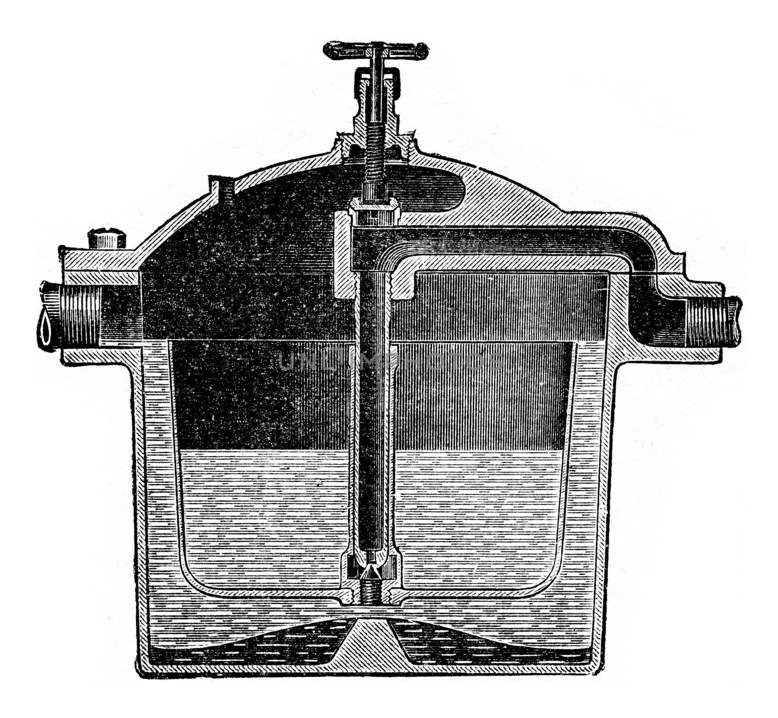 Automatic drain cup, vintage engraved illustration.
