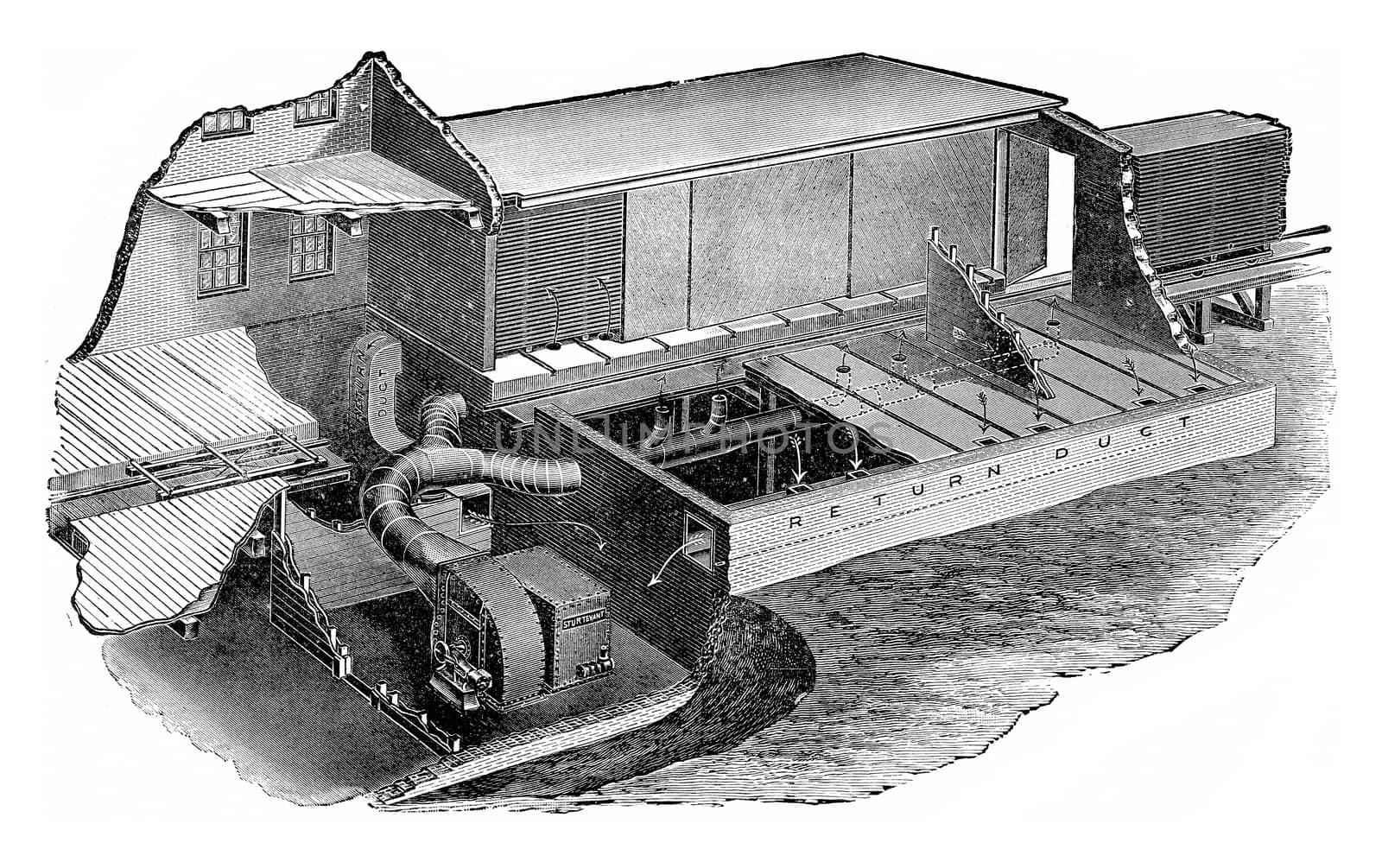 Another device for the progressive drying of wood (Systeme Sturtevant), vintage engraved illustration.
