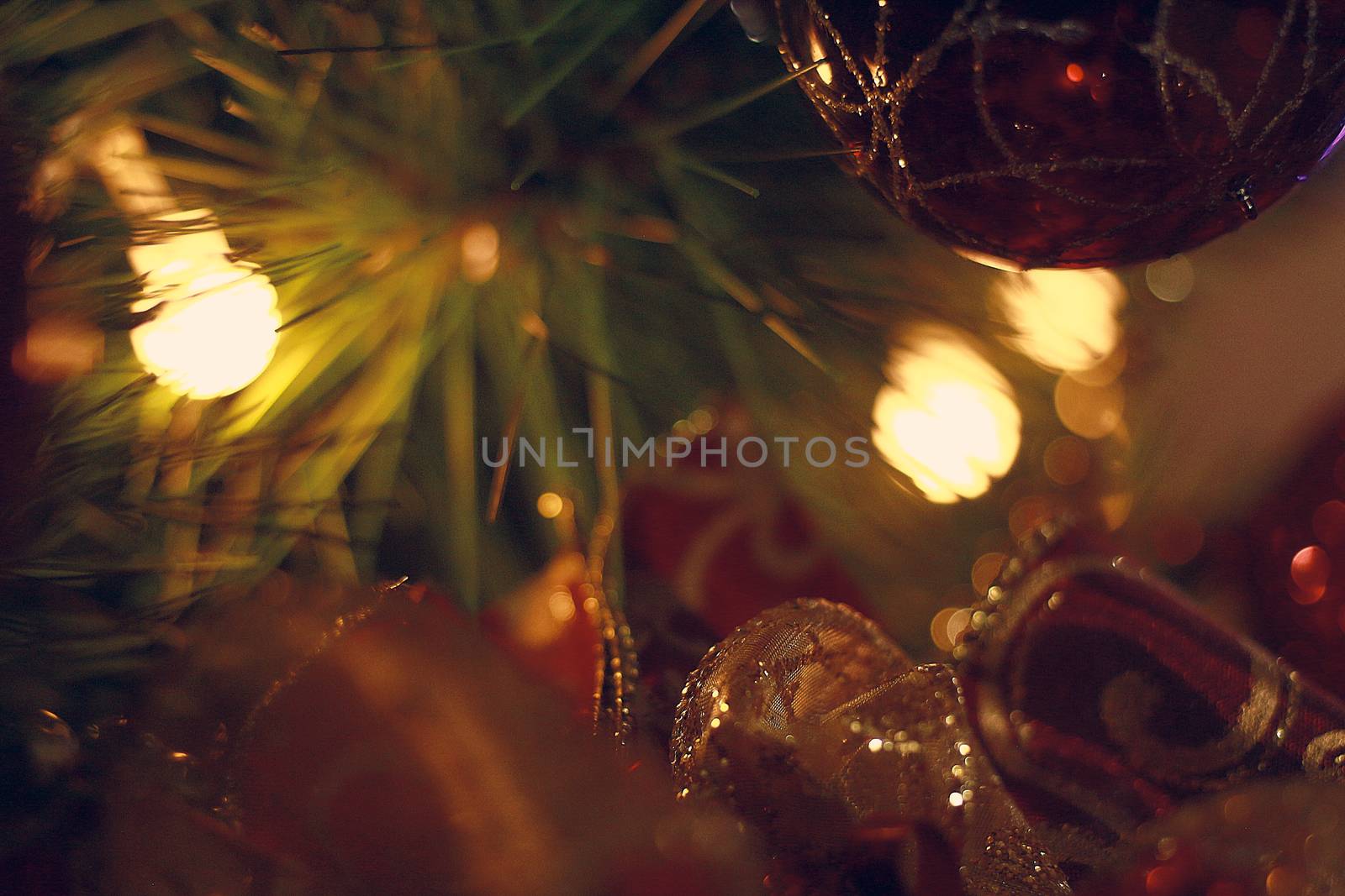 Christmas spheres and lights in dark tones