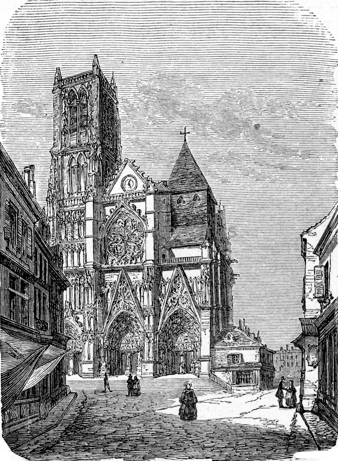 Meaux Cathedral in  Meaux, Seine-et-Marne, France. From Chemin des Ecoliers, vintage engraving, 1876.
