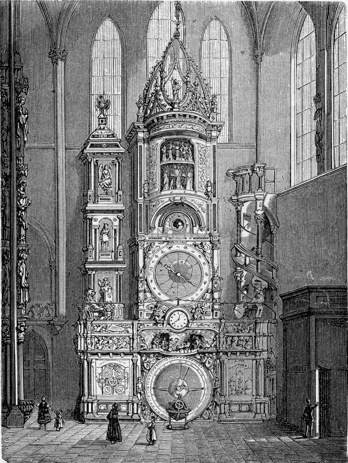 Strasbourg astronomical clock inside Strasbourg Cathedral in Strasbourg, Alsace, France. From Chemin des Ecoliers, vintage engraving, 1876.
