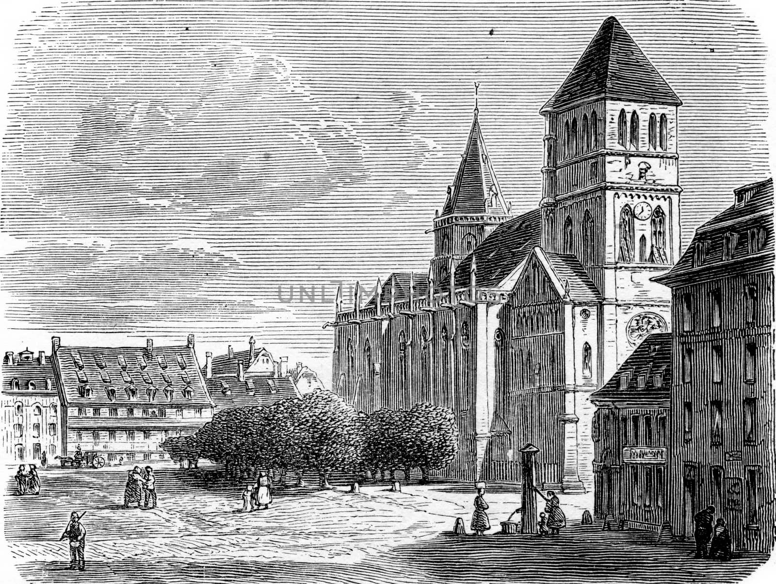 Church of Saint Thomas  in Strasbourg, Alsace, France. From Chemin des Ecoliers, vintage engraving, 1876.

