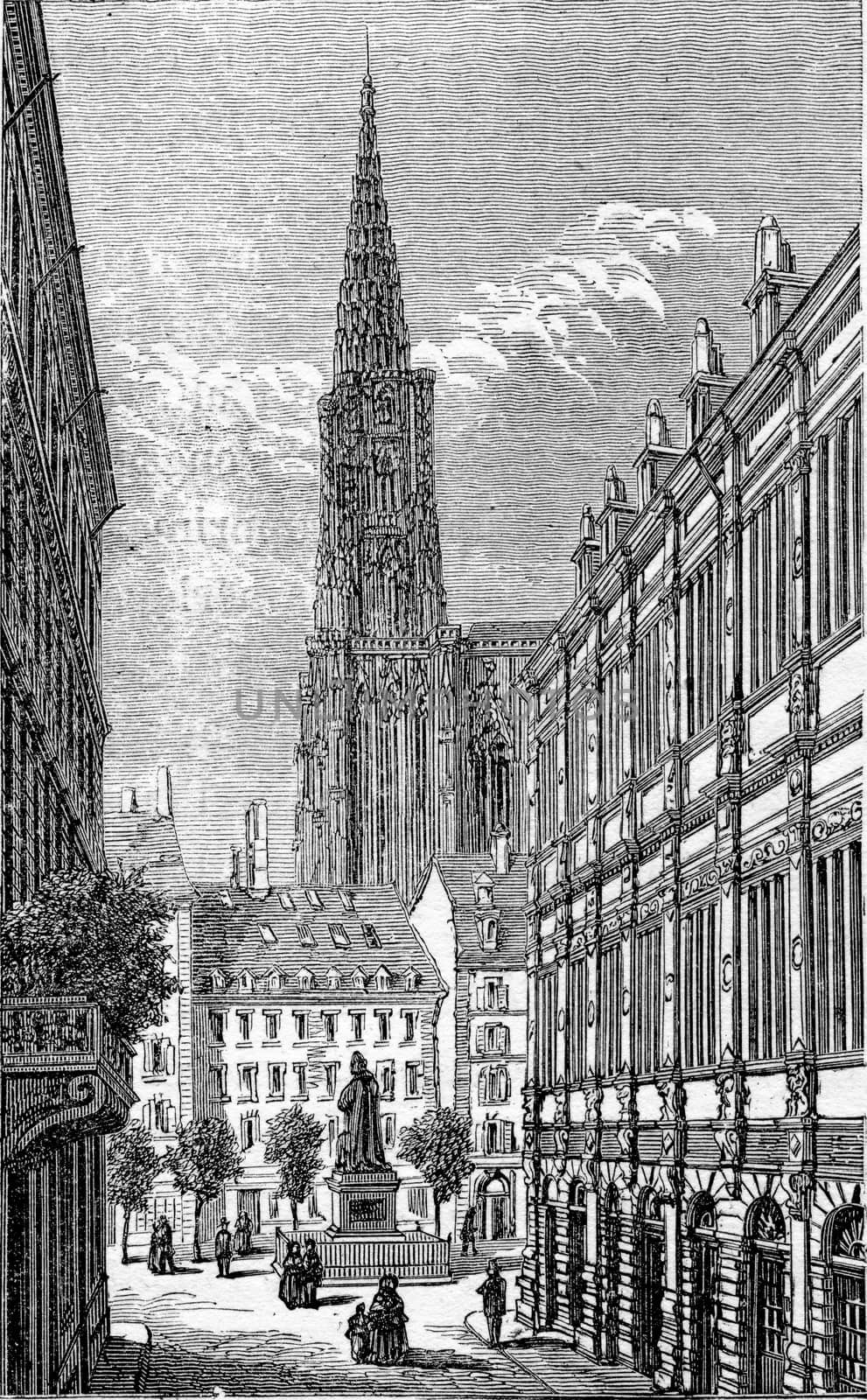 Rue des Grandes Arcades in Strasbourg, Alsace, France. From Chemin des Ecoliers, vintage engraving, 1876.
