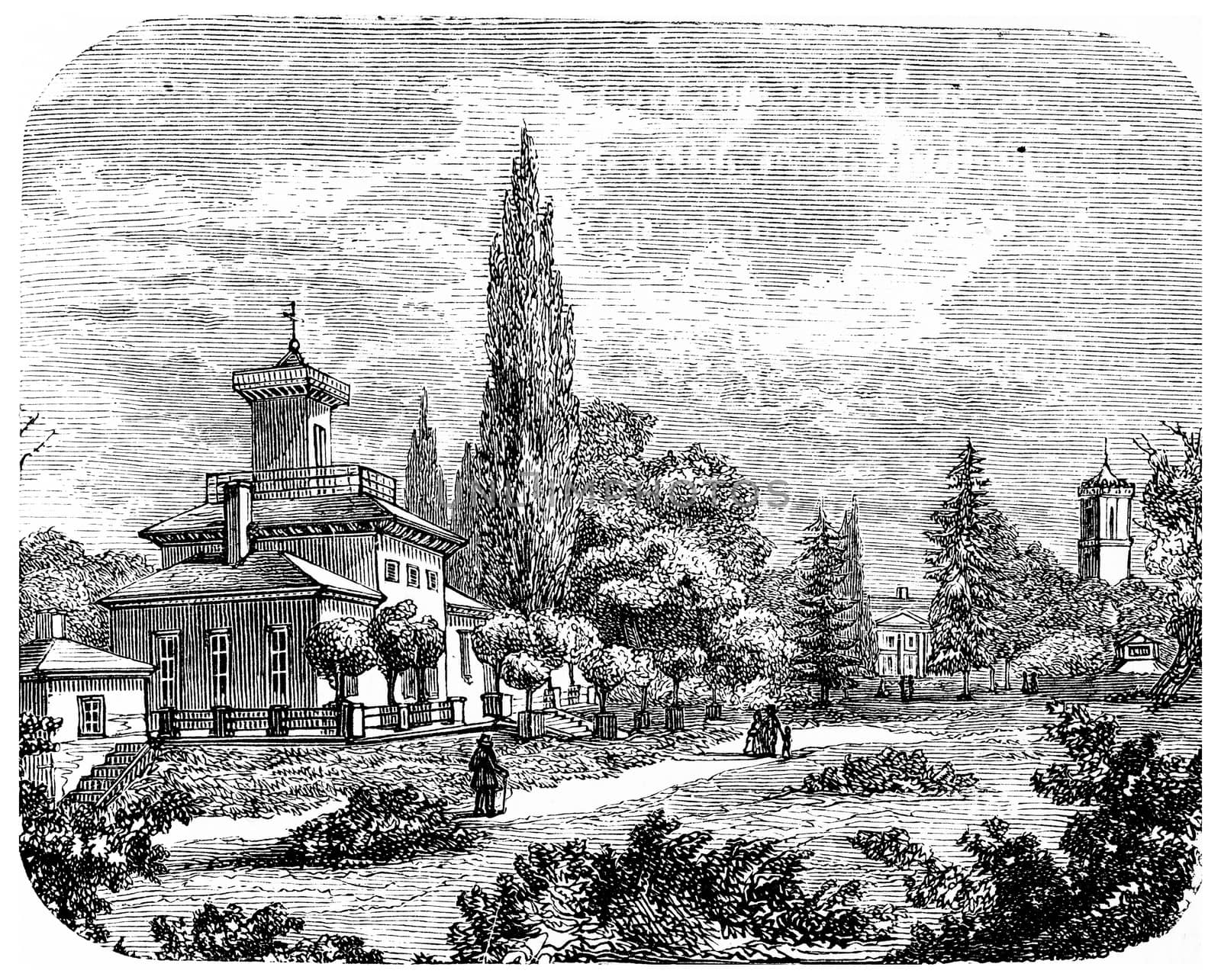 Karlsruhe, vintage engraved illustration. From Chemin des Ecoliers, 1861.
