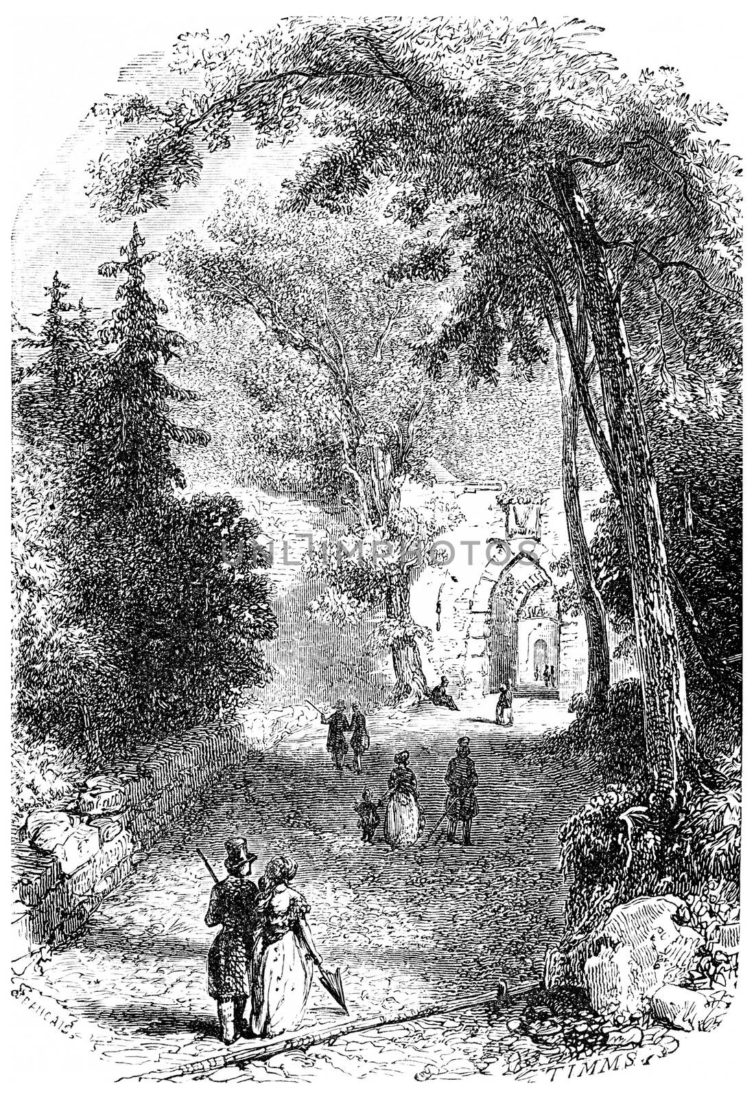 Entrance of the old castle, Baden, vintage engraved illustration. From Chemin des Ecoliers, 1861.
