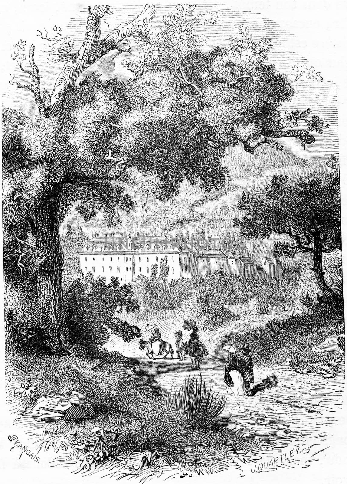 Castle of the Grand Duke in Baden, vintage engraved illustration. From Chemin des Ecoliers, 1861.
