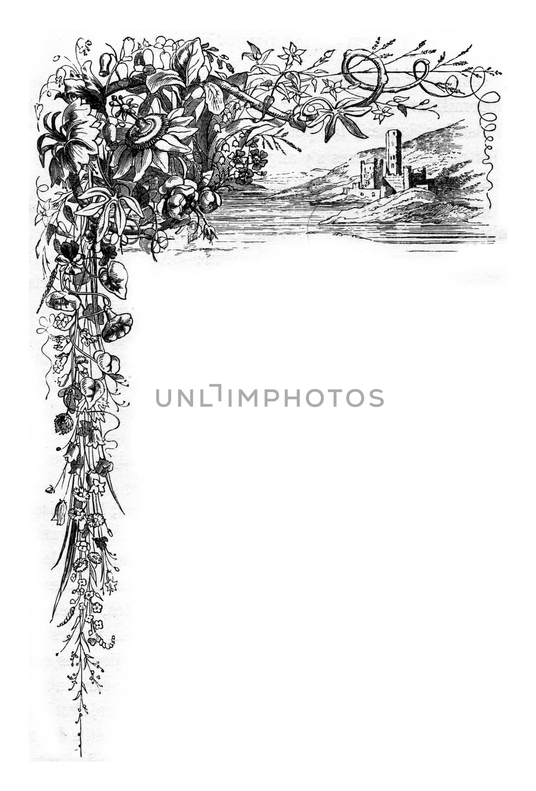 Floral chapter page design with castle by the water. From Chemin des Ecoliers, vintage engraving, 1876.
