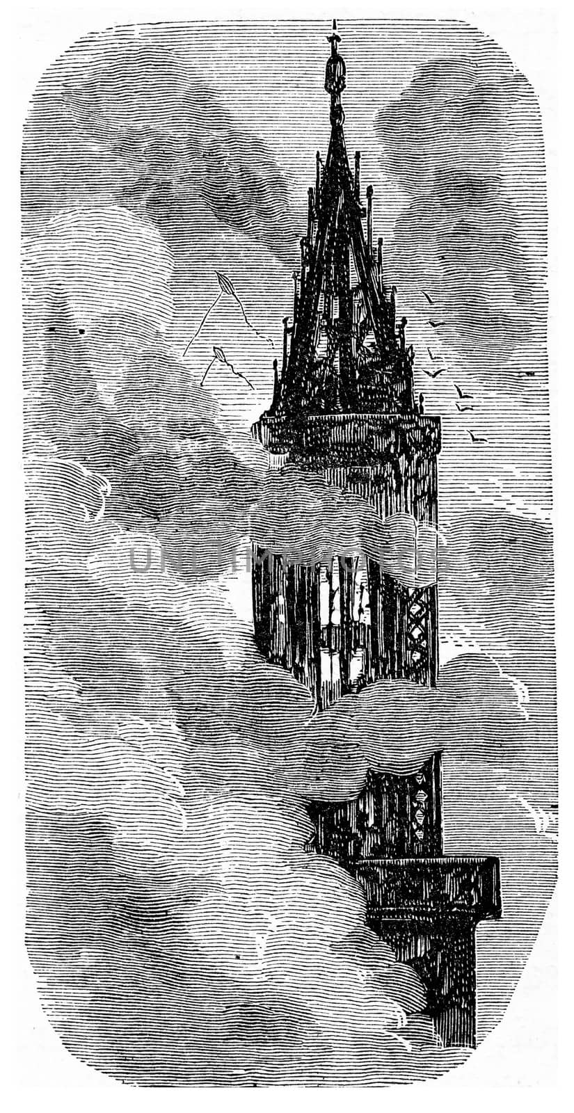 The spire of Strasbourg, vintage engraved illustration. From Chemin des Ecoliers, 1861.

