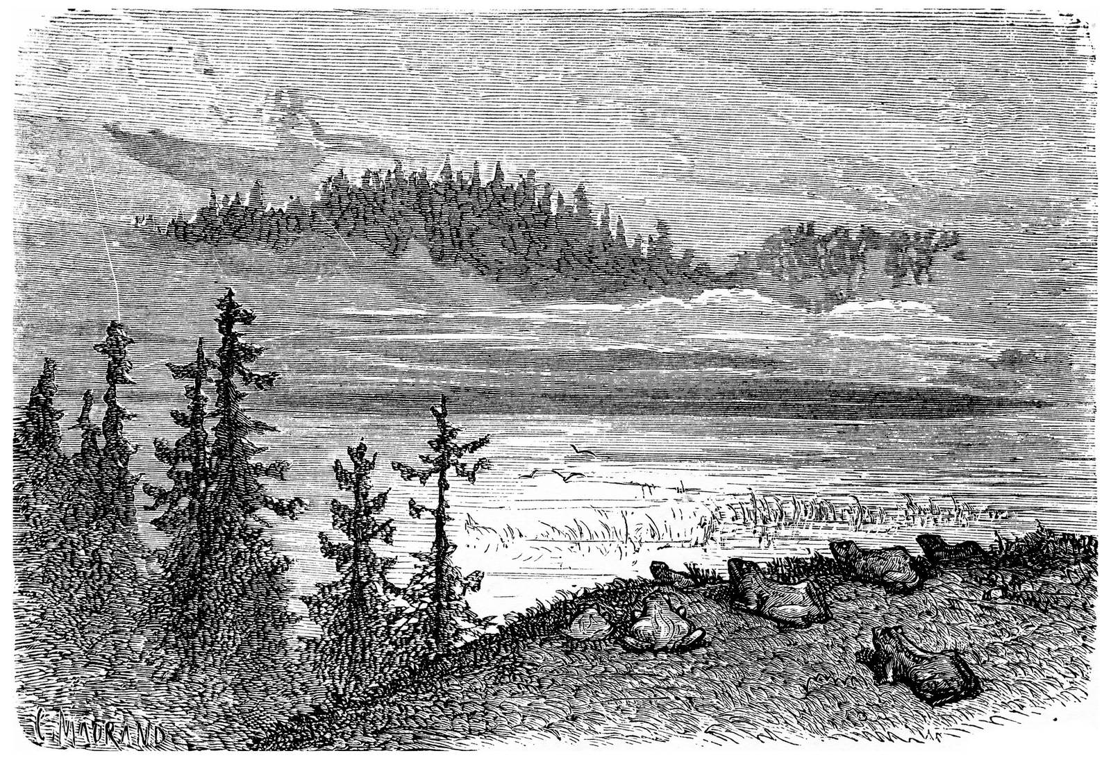 Lake of the Fairies, vintage engraved illustration. From Chemin des Ecoliers, 1861.
