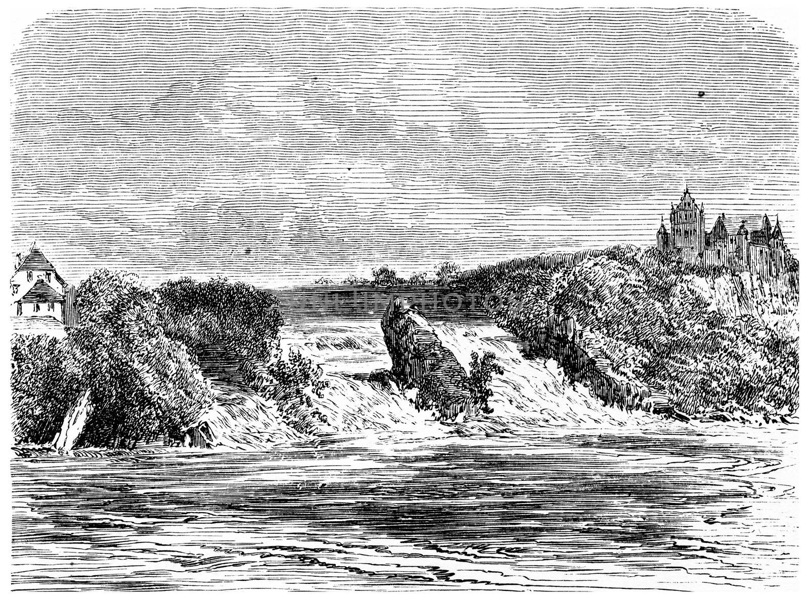 Rhine Fall in Schaffhausen, vintage engraved illustration. From Chemin des Ecoliers, 1861.
