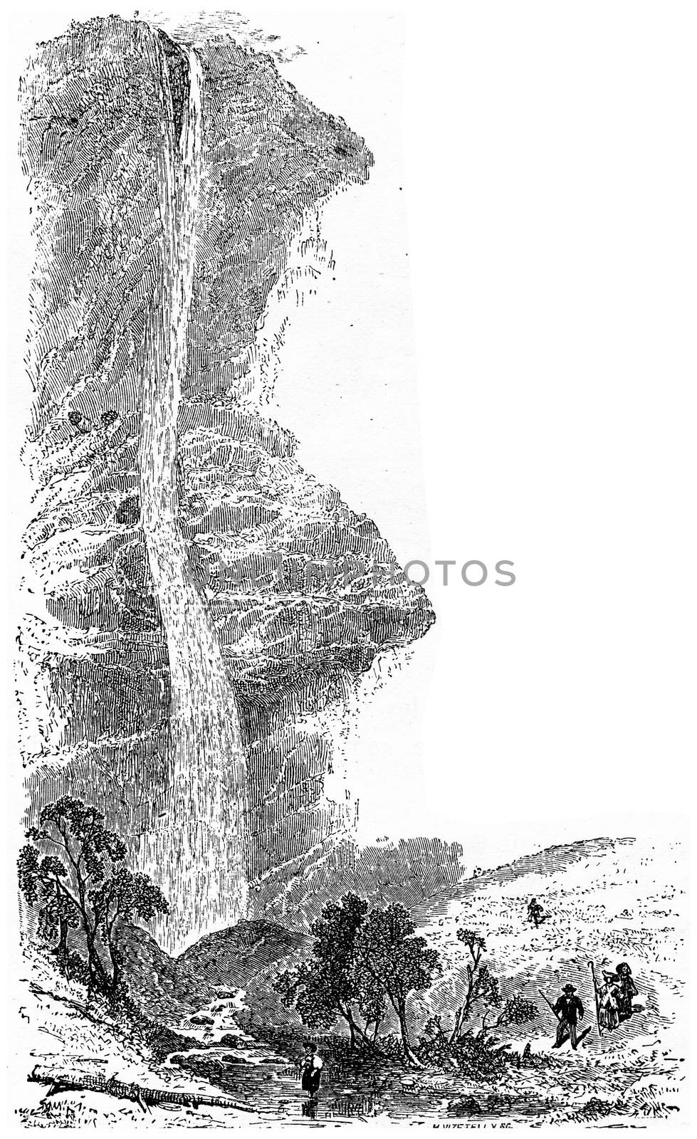 Staubbach Falls, vintage engraved illustration. From Chemin des Ecoliers, 1861.

