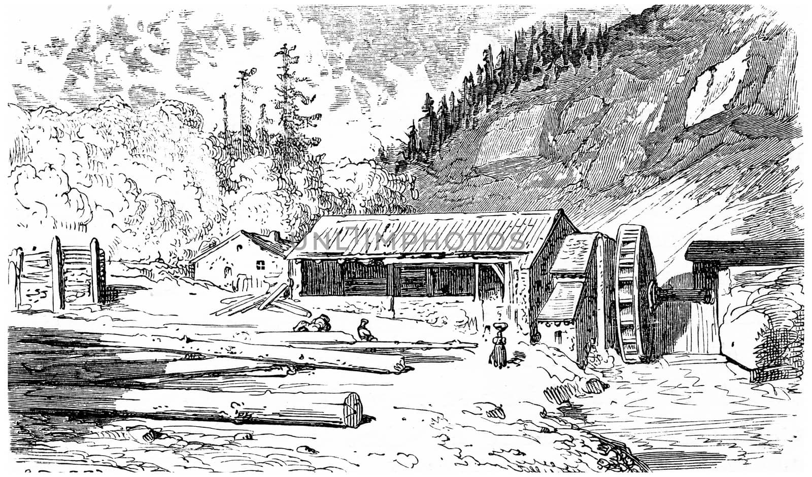 The sawmill, vintage engraved illustration. From Chemin des Ecoliers, 1861.
