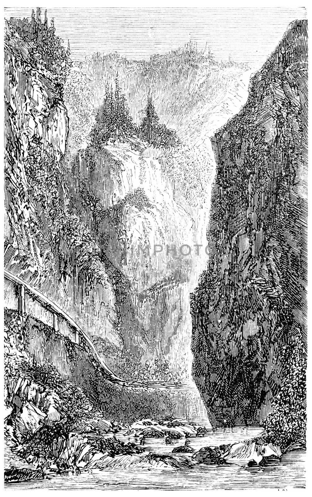 Entrance of the Val d'Enfer (Black Forest), vintage engraved illustration. From Chemin des Ecoliers, 1861.
