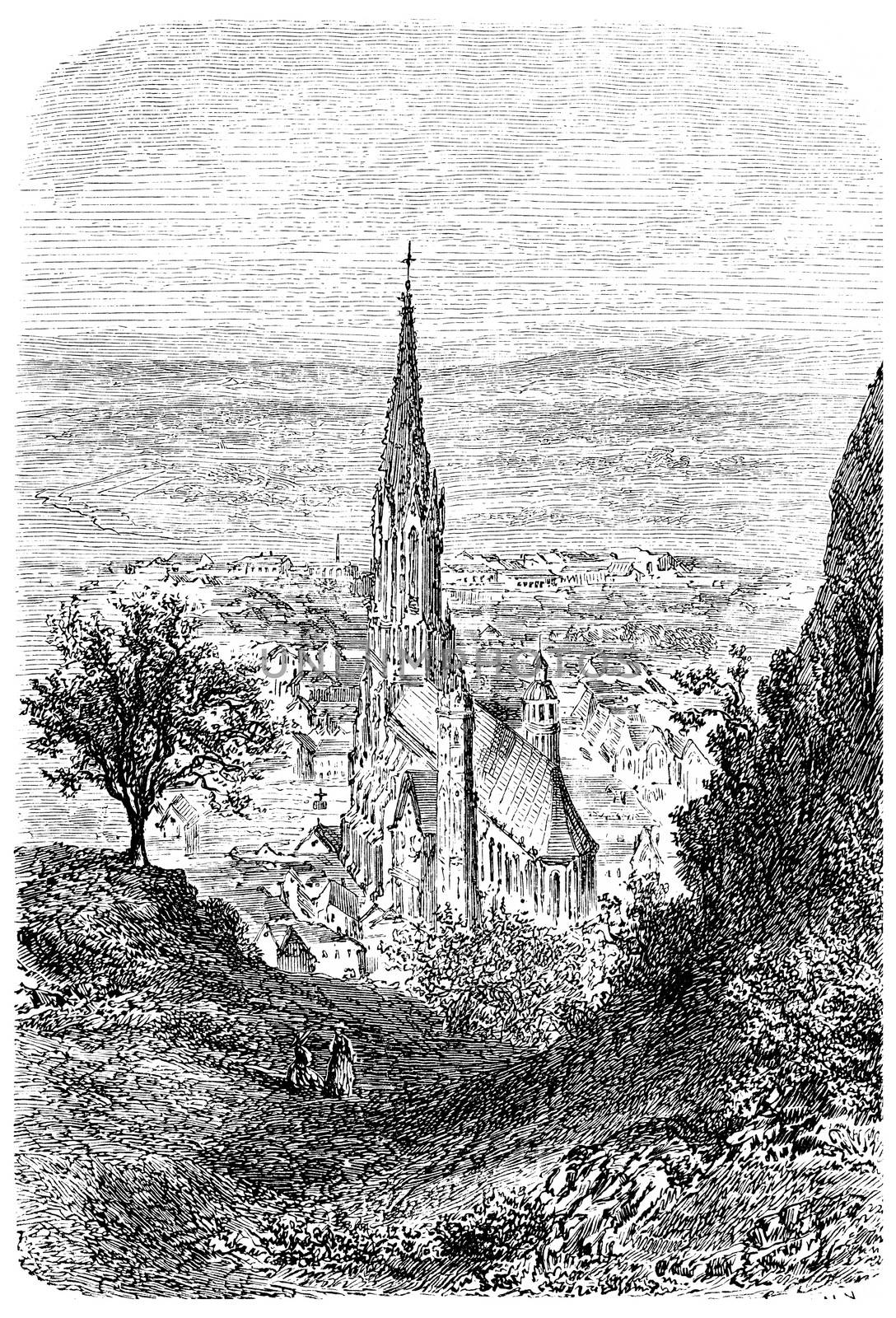 Freiburg in Breisgau, vintage engraved illustration. From Chemin des Ecoliers, 1861.
