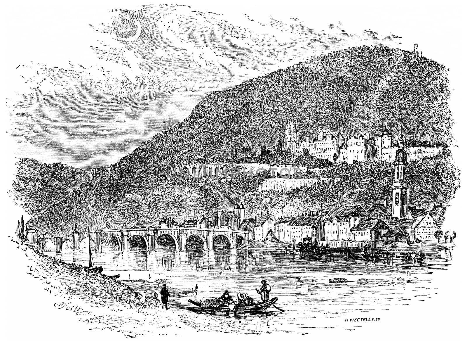 Heidelberg, vintage engraved illustration. From Chemin des Ecoliers, 1861.
