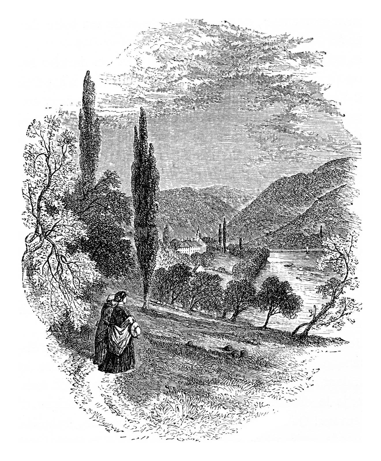 Neuburg Abbey, vintage engraved illustration. From Chemin des Ecoliers, 1861.
