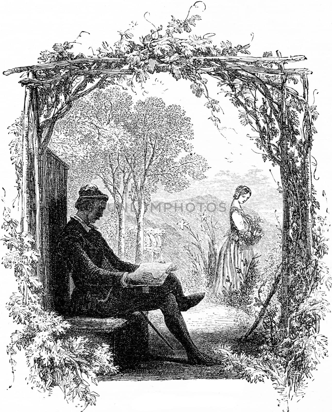 Faust and Marguerite, vintage engraved illustration. From Chemin des Ecoliers, 1861.
