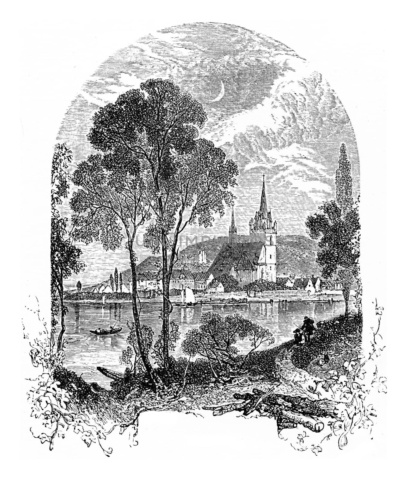 Bingen am Rhein, vintage engraved illustration. From Chemin des Ecoliers, 1861.
