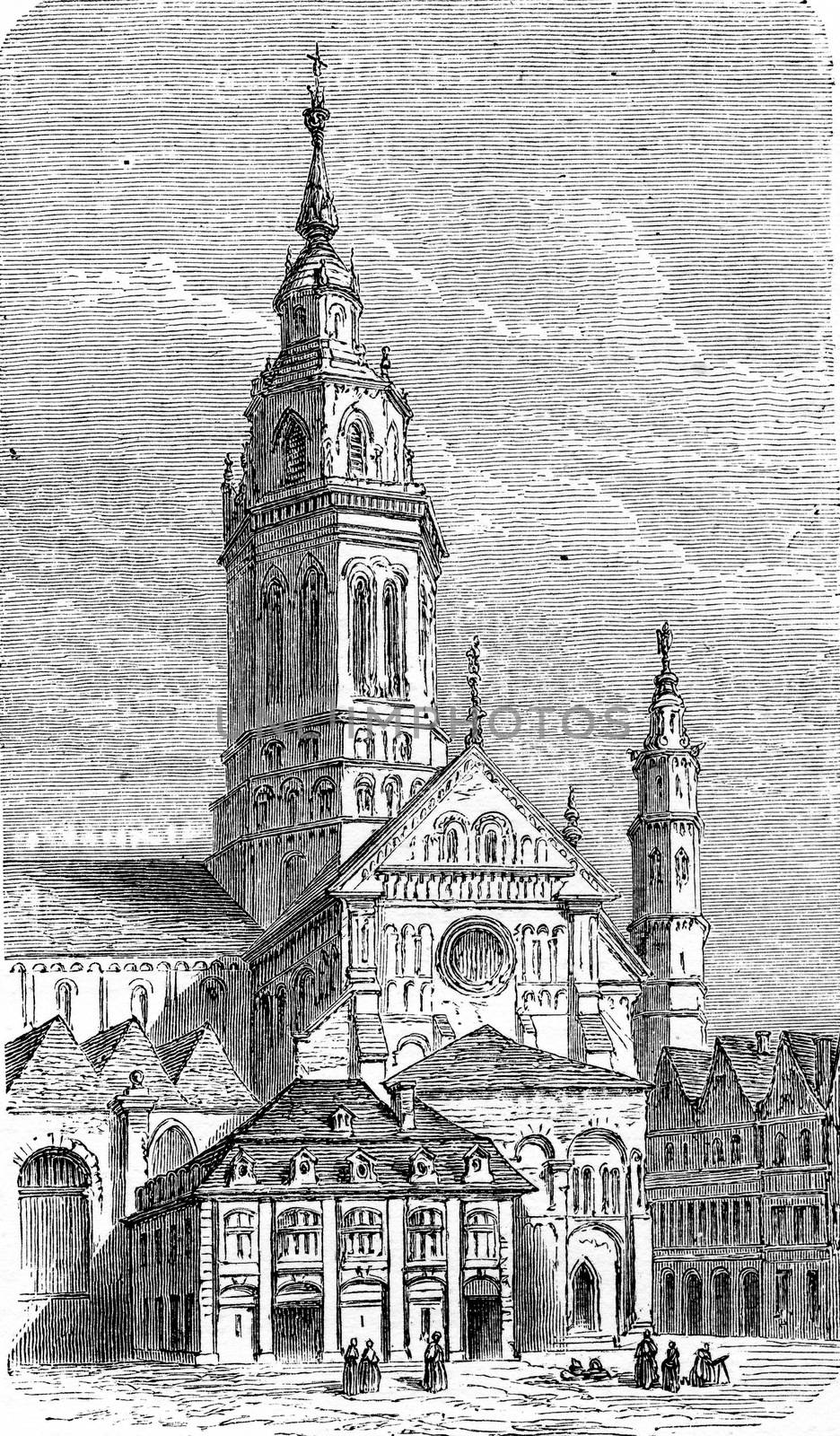 Cathedral of Mainz, vintage engraved illustration. From Chemin des Ecoliers, 1861.
