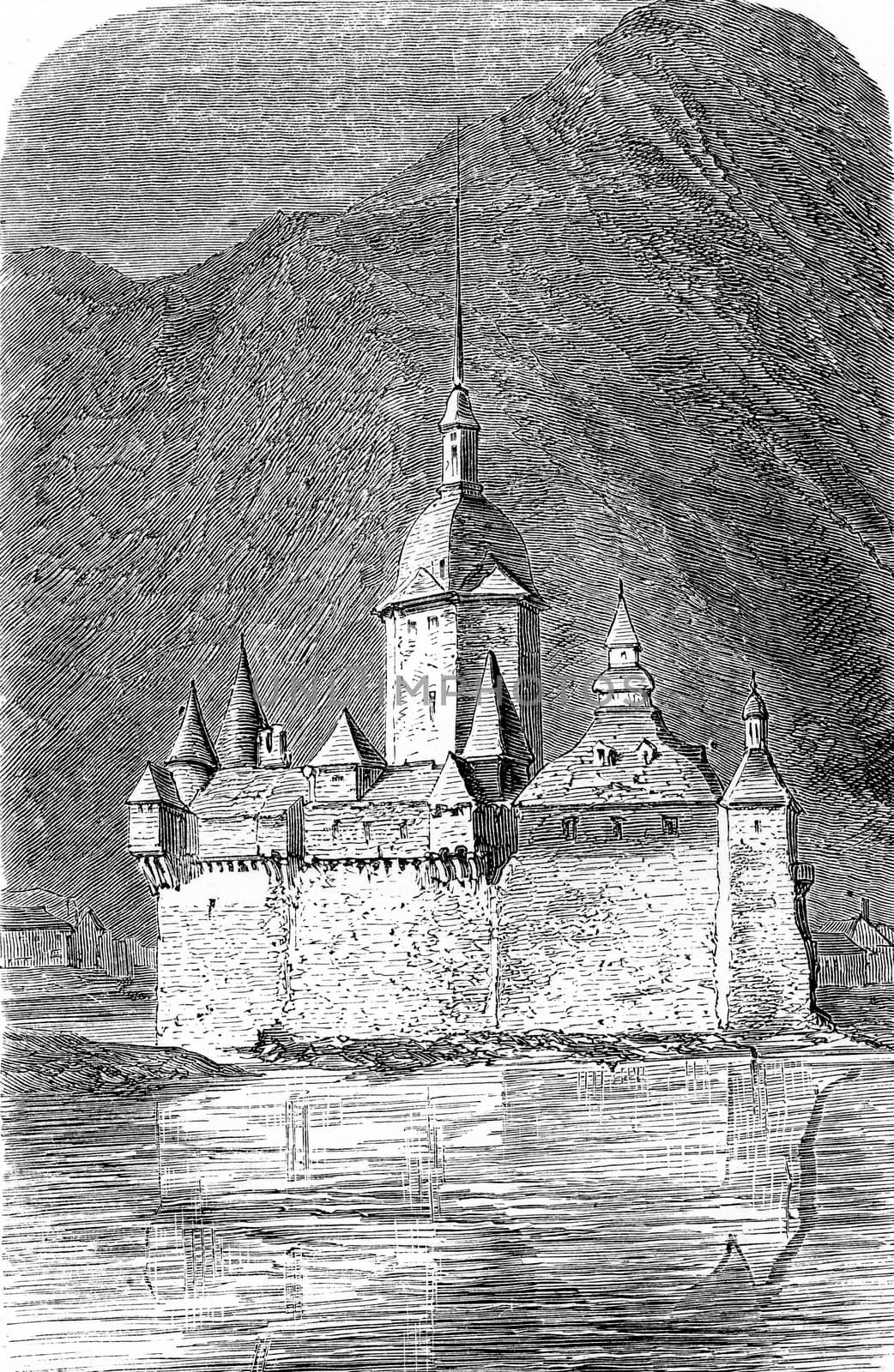 Pfalzgrafenstein Castle, vintage engraved illustration. From Chemin des Ecoliers, 1861.
