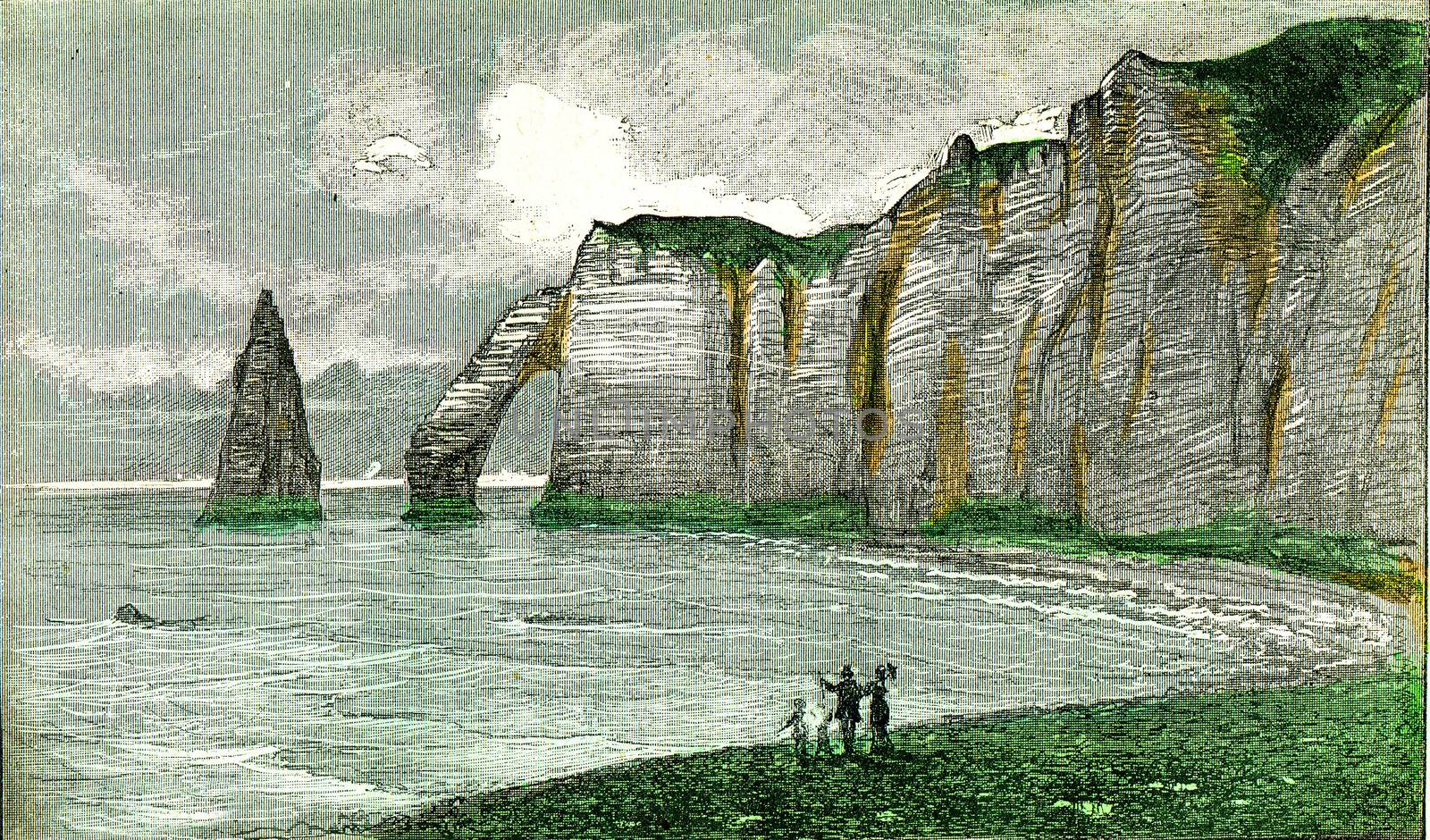 Present state of the chalk cliffs of the coast of the sleeve, vintage engraved illustration. From Natural Creation and Living Beings.
