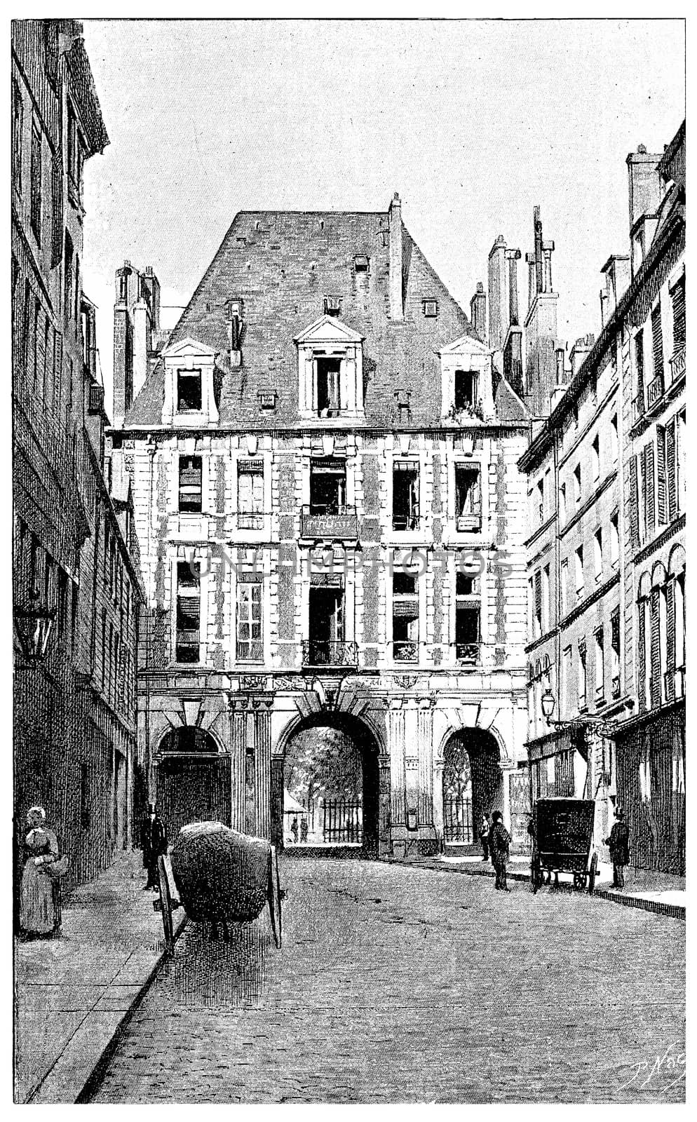 Birague street leading to the Place des Vosges, vintage engraved illustration. Paris - Auguste VITU – 1890.