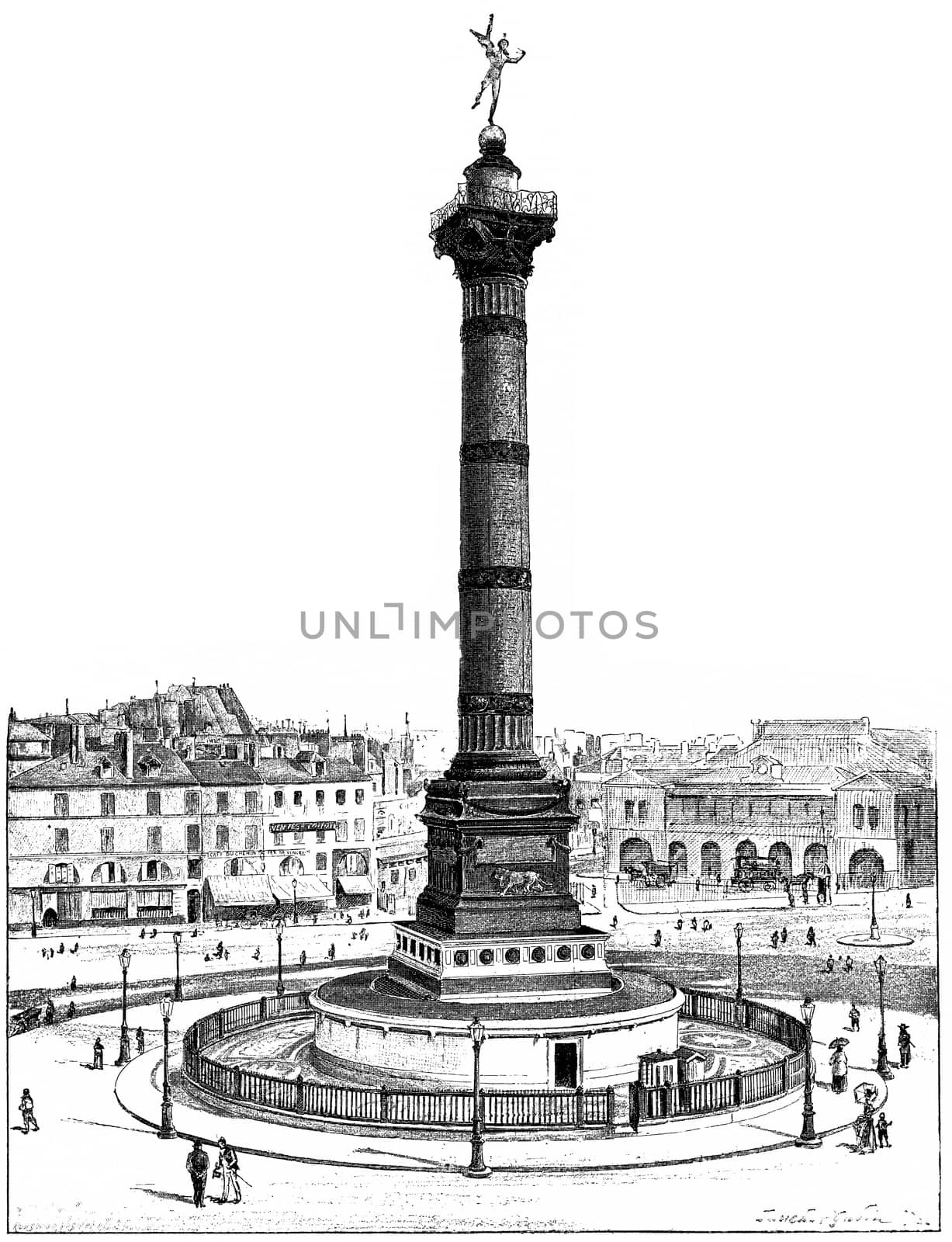 July Column and Place de la Bastille, vintage engraved illustration. Paris - Auguste VITU – 1890.