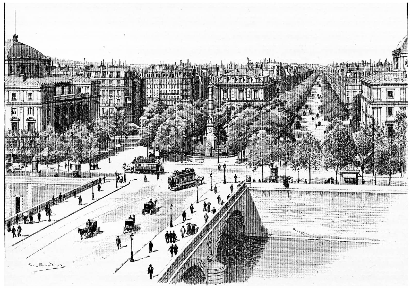 Pont au Change, Place du Chatelet and Boulevard de Sebastopol, vintage engraved illustration. Paris - Auguste VITU – 1890.