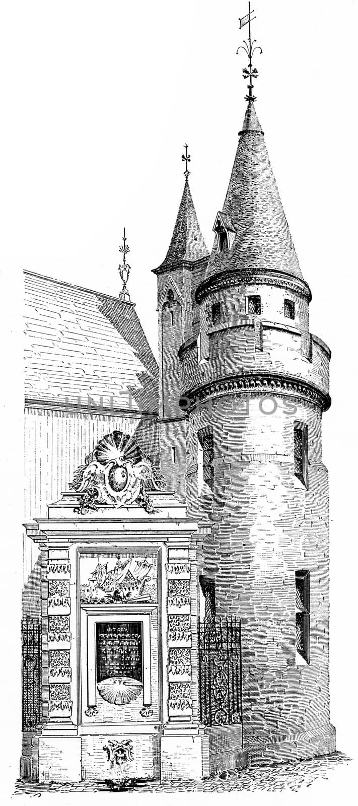 Fountain and Tower of Green wood, vintage engraved illustration. Paris - Auguste VITU – 1890.