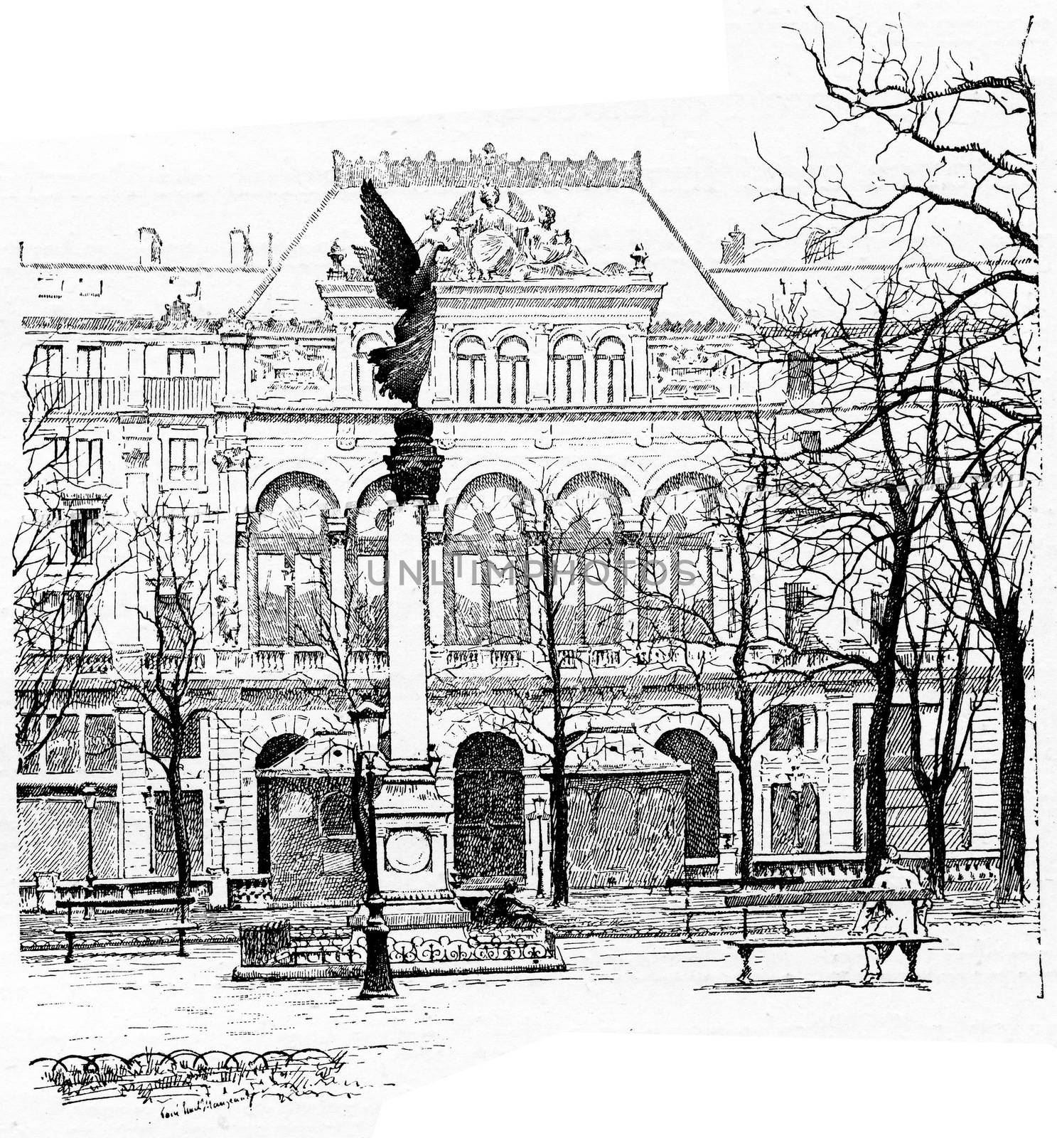 Facade of Gaiety Theatre, for the Square of Arts and Crafts, vintage engraved illustration. Paris - Auguste VITU – 1890.