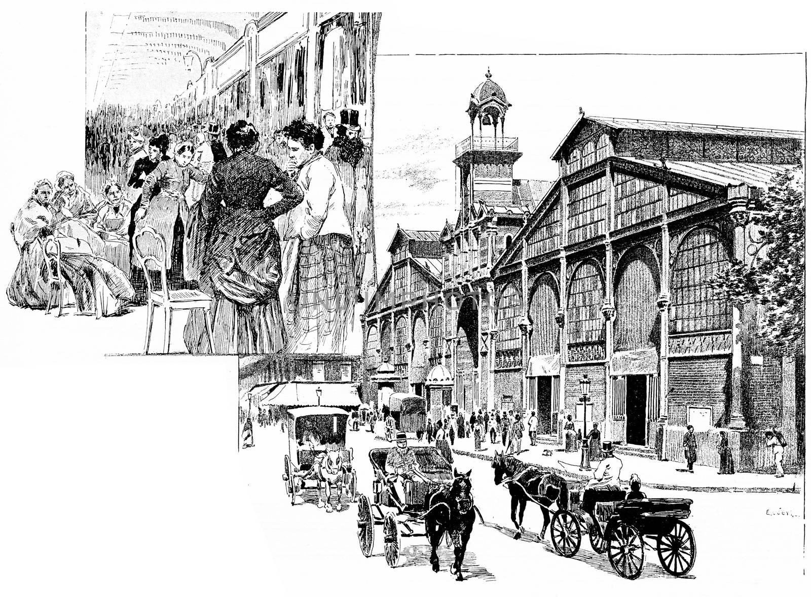 The central aisle, Market Hall, vintage engraved illustration. Paris - Auguste VITU – 1890.
