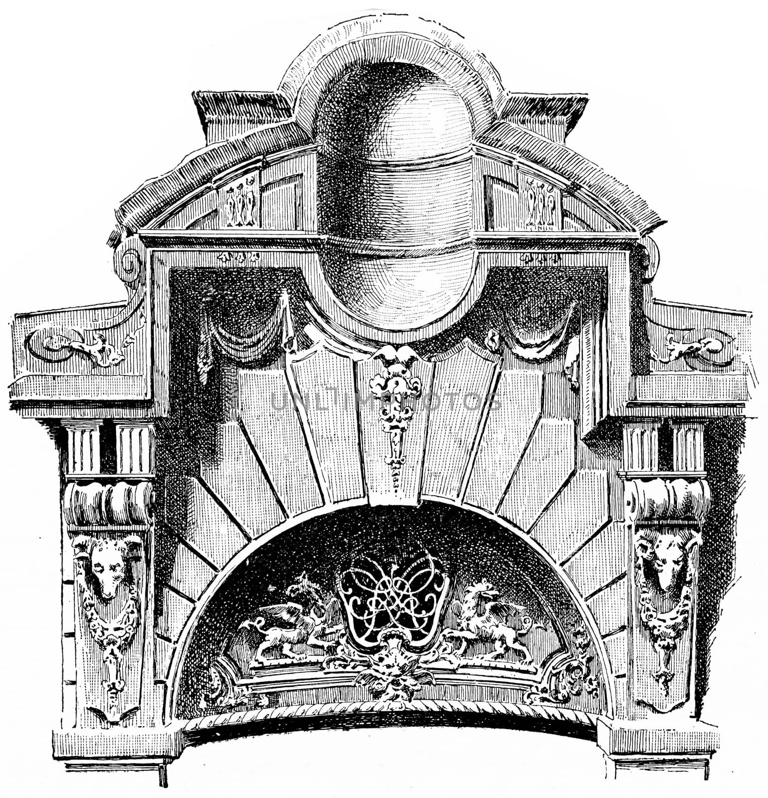 Crowning of a portal, rue des Francs-Bourgeois, vintage engraved illustration. Paris - Auguste VITU – 1890.