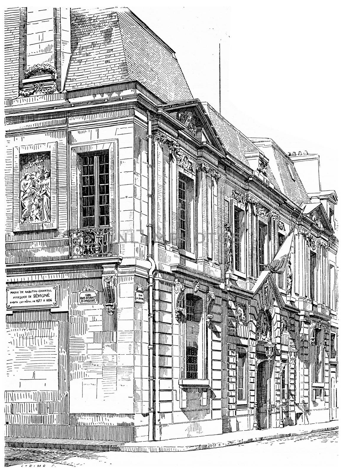 Enter the Carnavalet museum, rue de Sevigne, vintage engraved illustration. Paris - Auguste VITU – 1890.