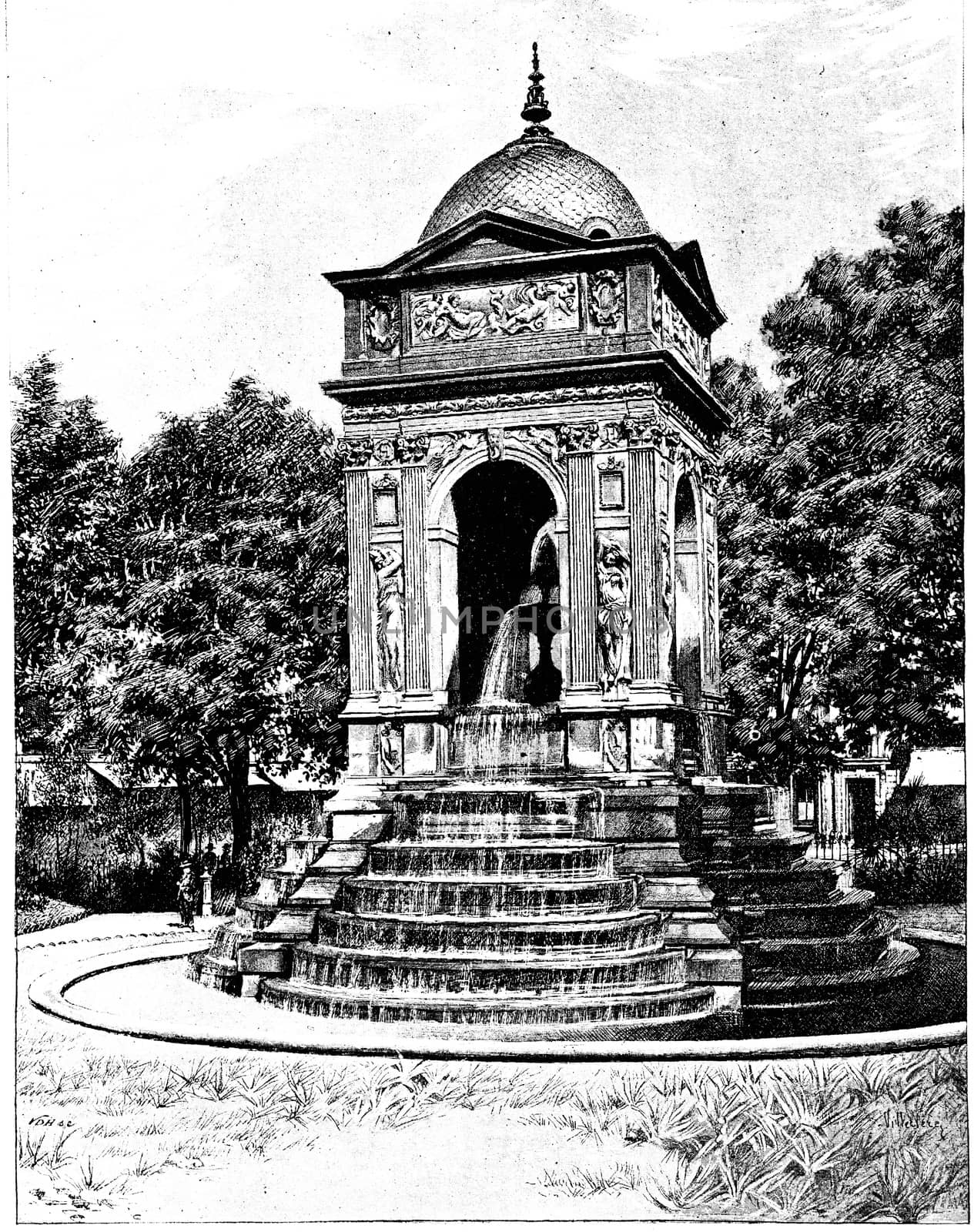 Fontaine des Innocents, vintage engraving. by Morphart