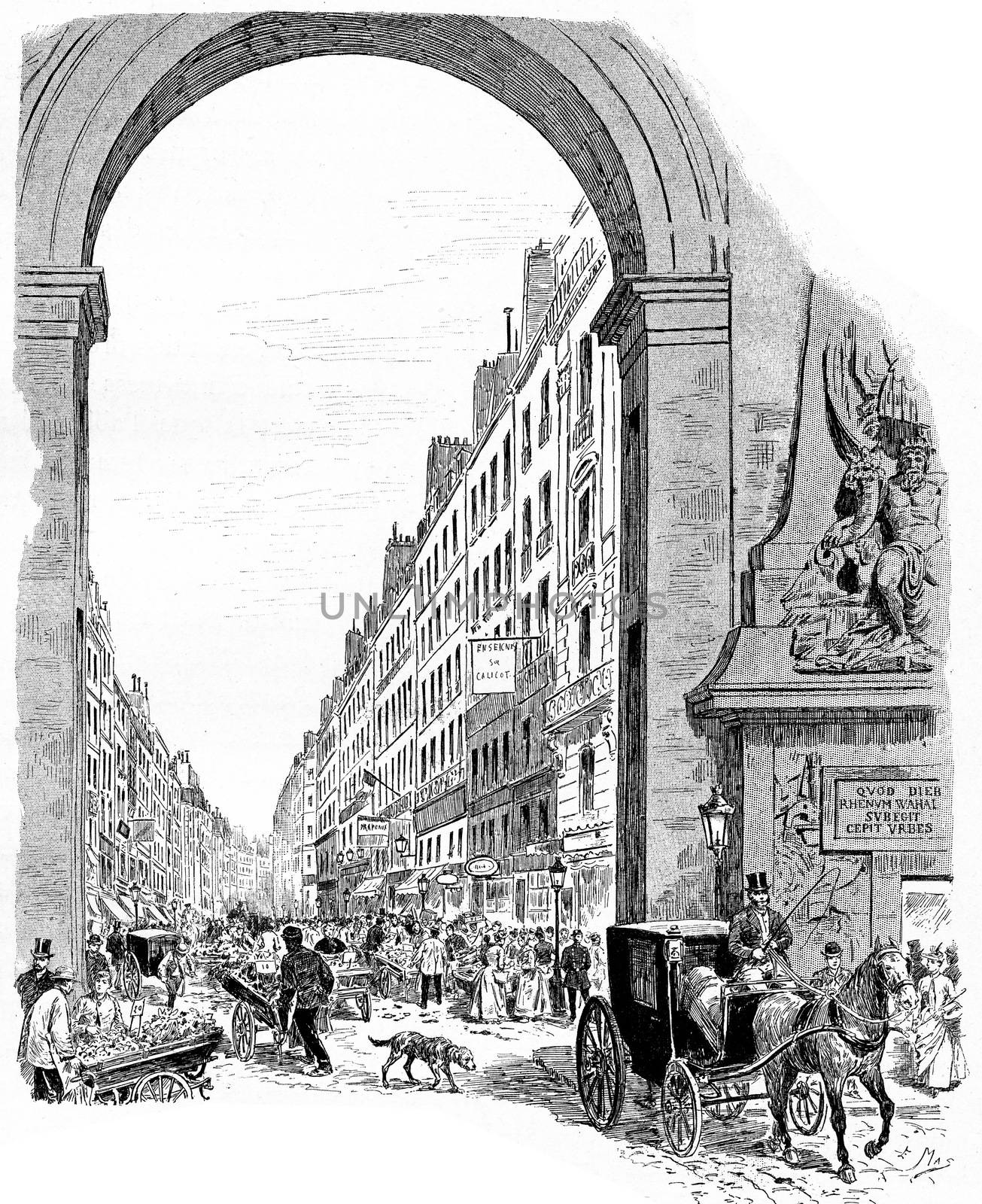 The entrance of the Faubourg Saint-Denis, vintage engraving. by Morphart