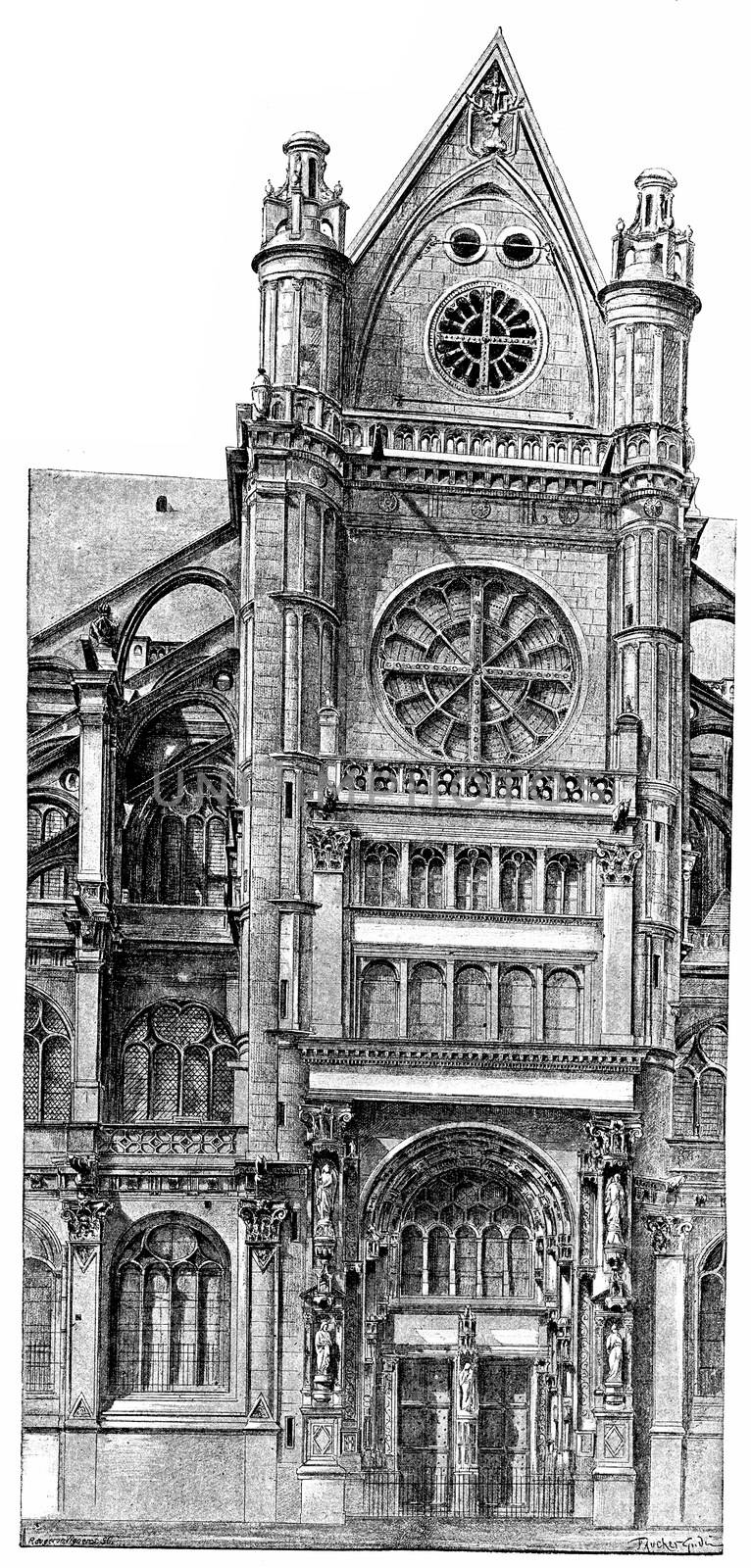 South portal of Saint-Eustache, vintage engraving. by Morphart
