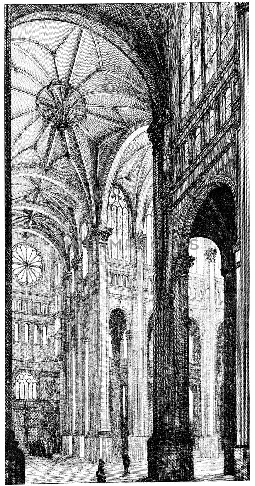 Interior of St. Eustache, vintage engraved illustration. Paris - Auguste VITU – 1890.