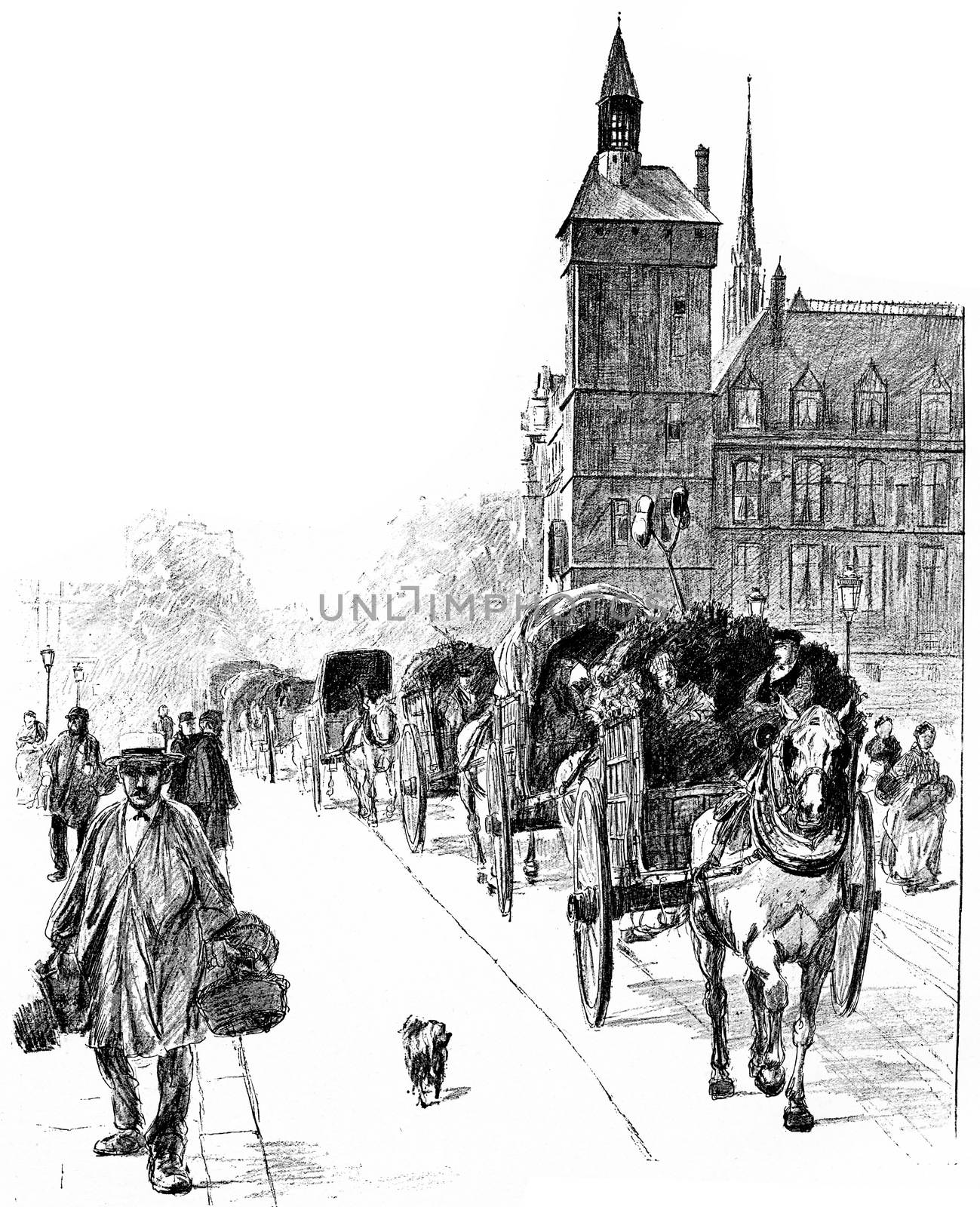 Arrivals from the suburbs, vintage engraved illustration. Paris - Auguste VITU – 1890.