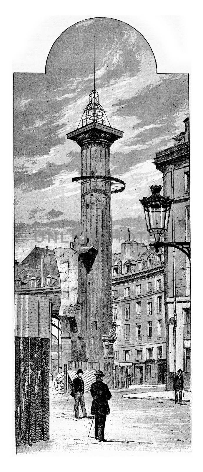 Tower Ruggieri after the demolition of the Halles Market in Paris, France. Vintage engraving.
