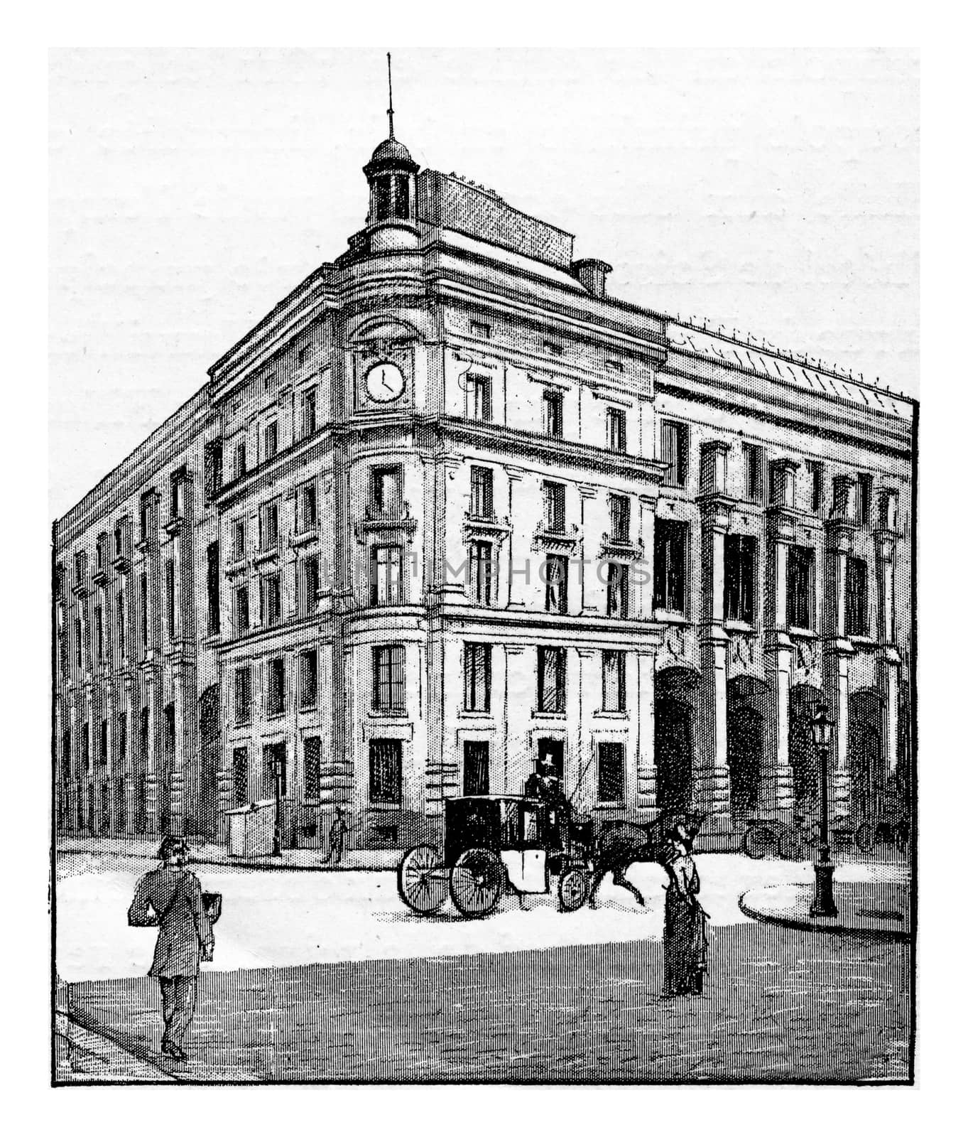 Entrance of the Hotel des Postes in Chartres, Paris, France. Vintage engraving.
