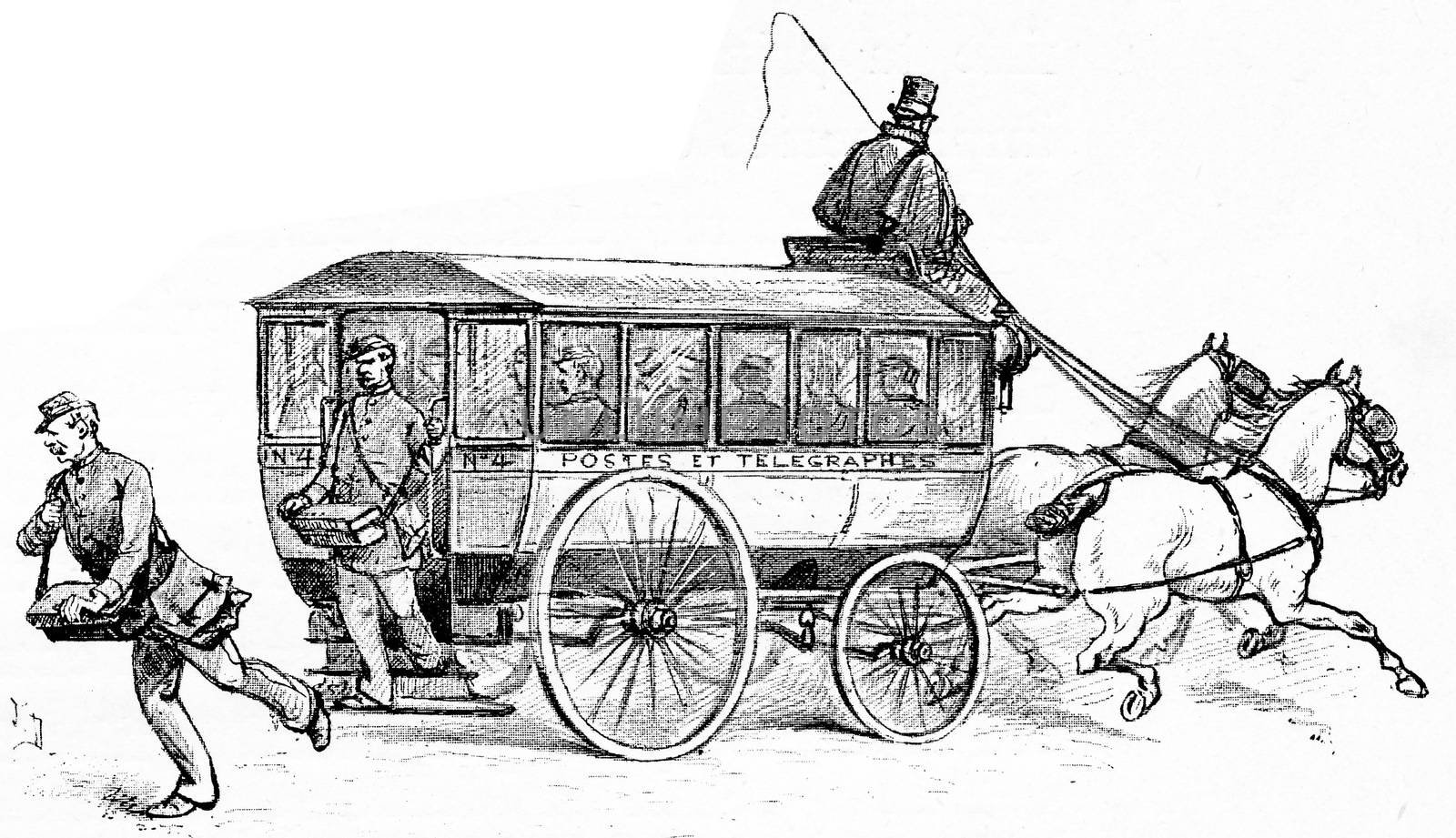 The omnibus factors, vintage engraved illustration. Paris - Auguste VITU – 1890.
