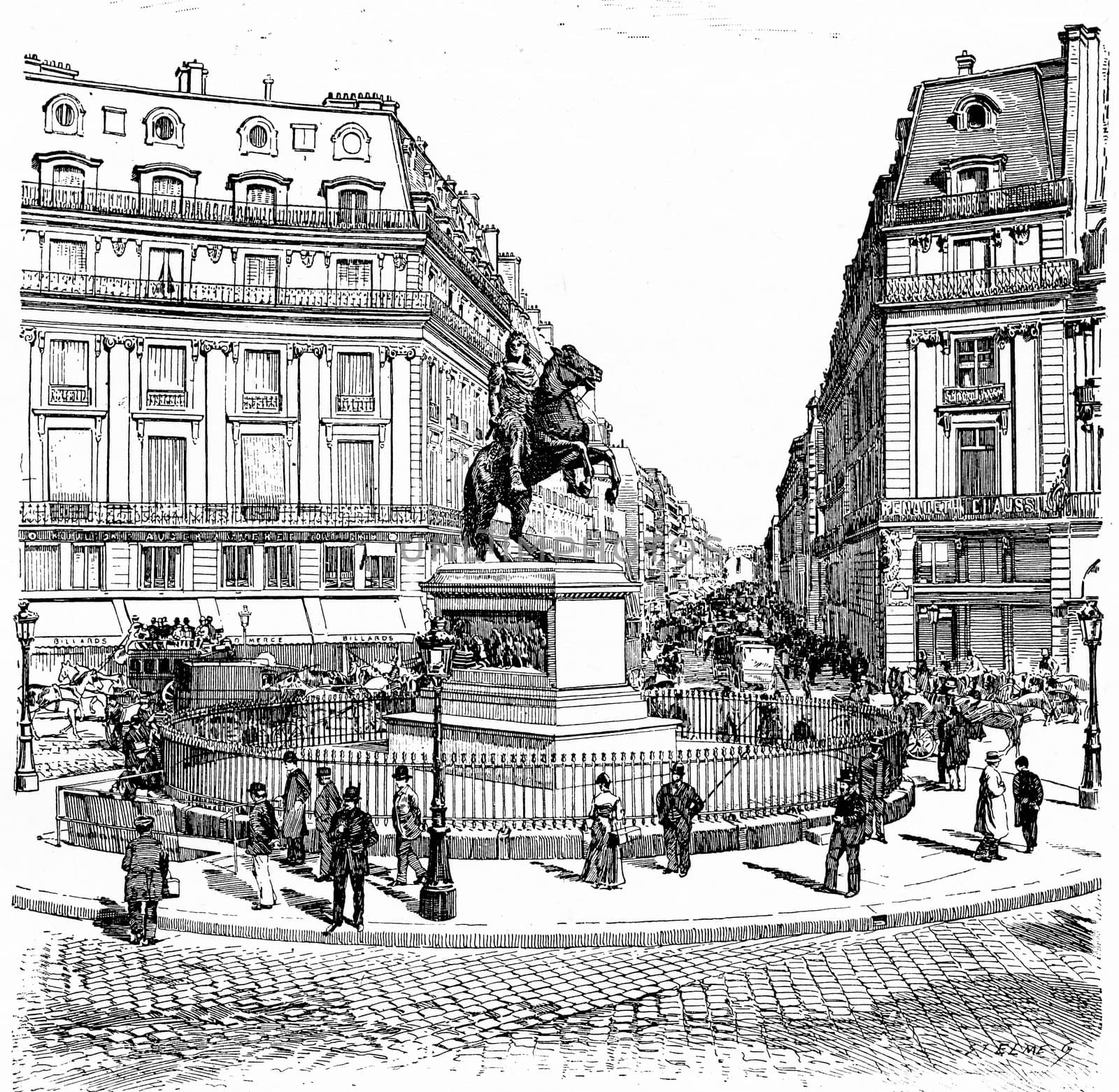 Place des Victoires, vintage engraved illustration. Paris - Auguste VITU – 1890.